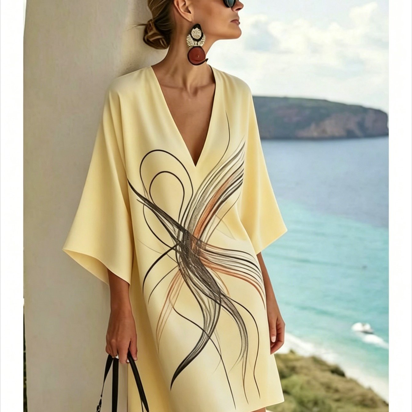 Image of Plus Size, Plus Size [new] Women's Spring And Summer V-neck Kaftan Robe Dress, Retro Print, Casual Versatile -quarter Sleeve Blouse, Bohemian Skirt, Suitable For , Used As A Blouse Or Casual Dress