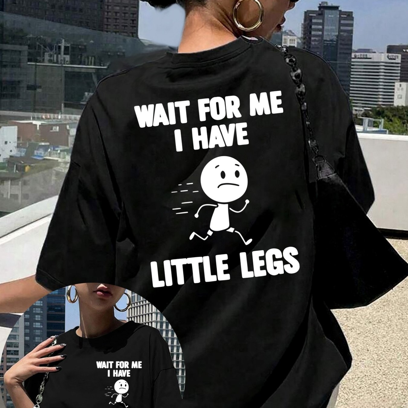 TEMU Casual Black Short-sleeved Round Neck T-shirt For Women With A Letter Print Saying ', Little Legs'. Made From Medium Elastic, Breathable Fabric,