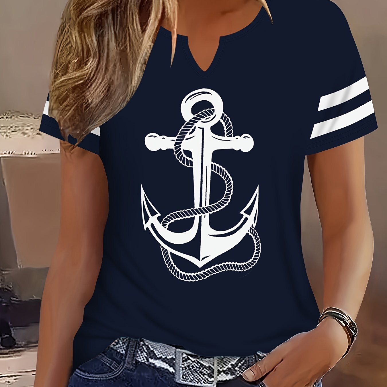 E-shop 2D Elegantes Mode-Urlaubs-Abstraktgemälde - -Anker-Seil-Streifen-Grafik Ganzkörperdruck Atmungsaktives Bedrucktes V-Ausschnitt Kurzarm-T-Shirt