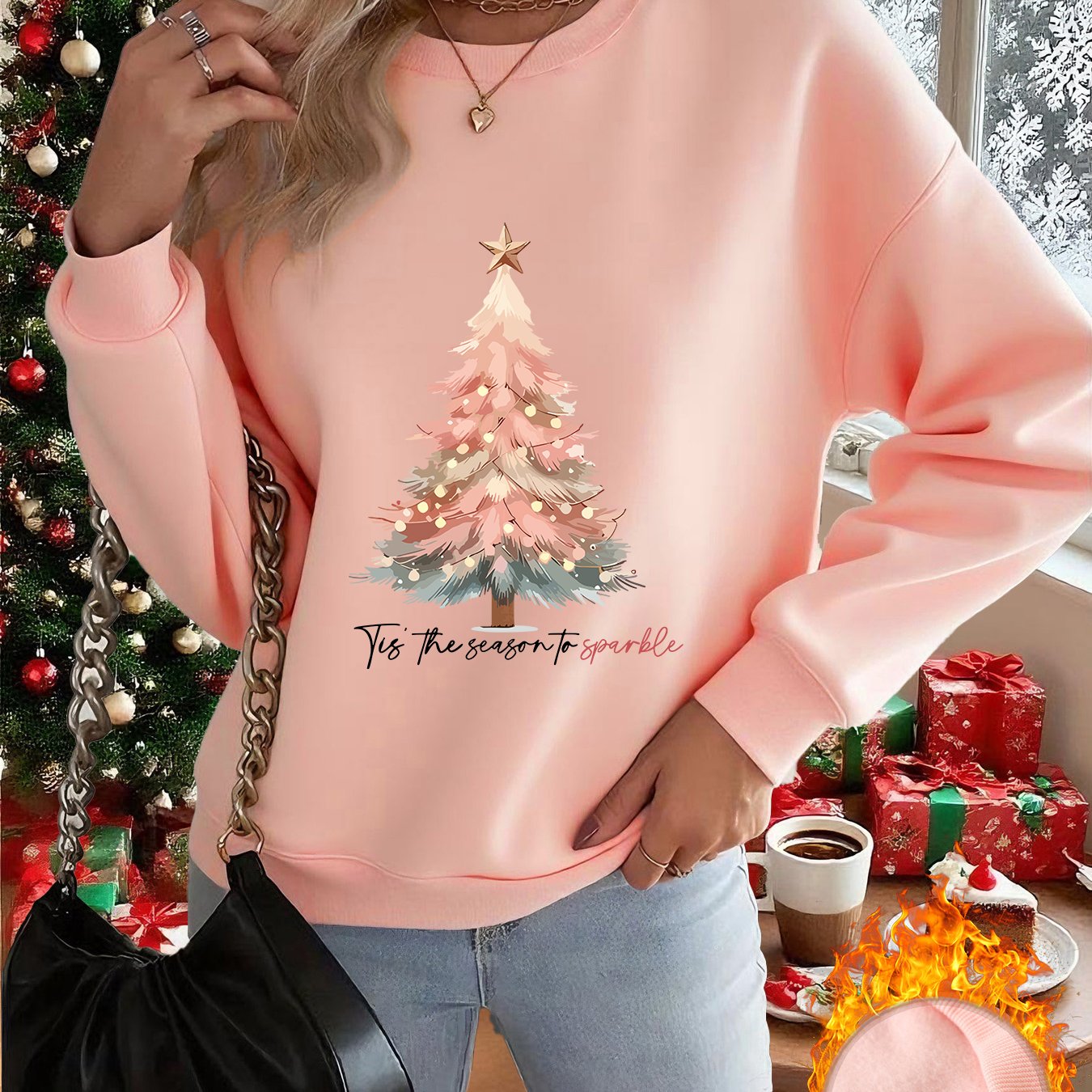 TEMU 1pc Autumn/winter New Pullover Crew Neck Sweatshirt - Pink Christmas Tree Pullover Crew Neck Sweatshirt Fashionable Elegant Interesting