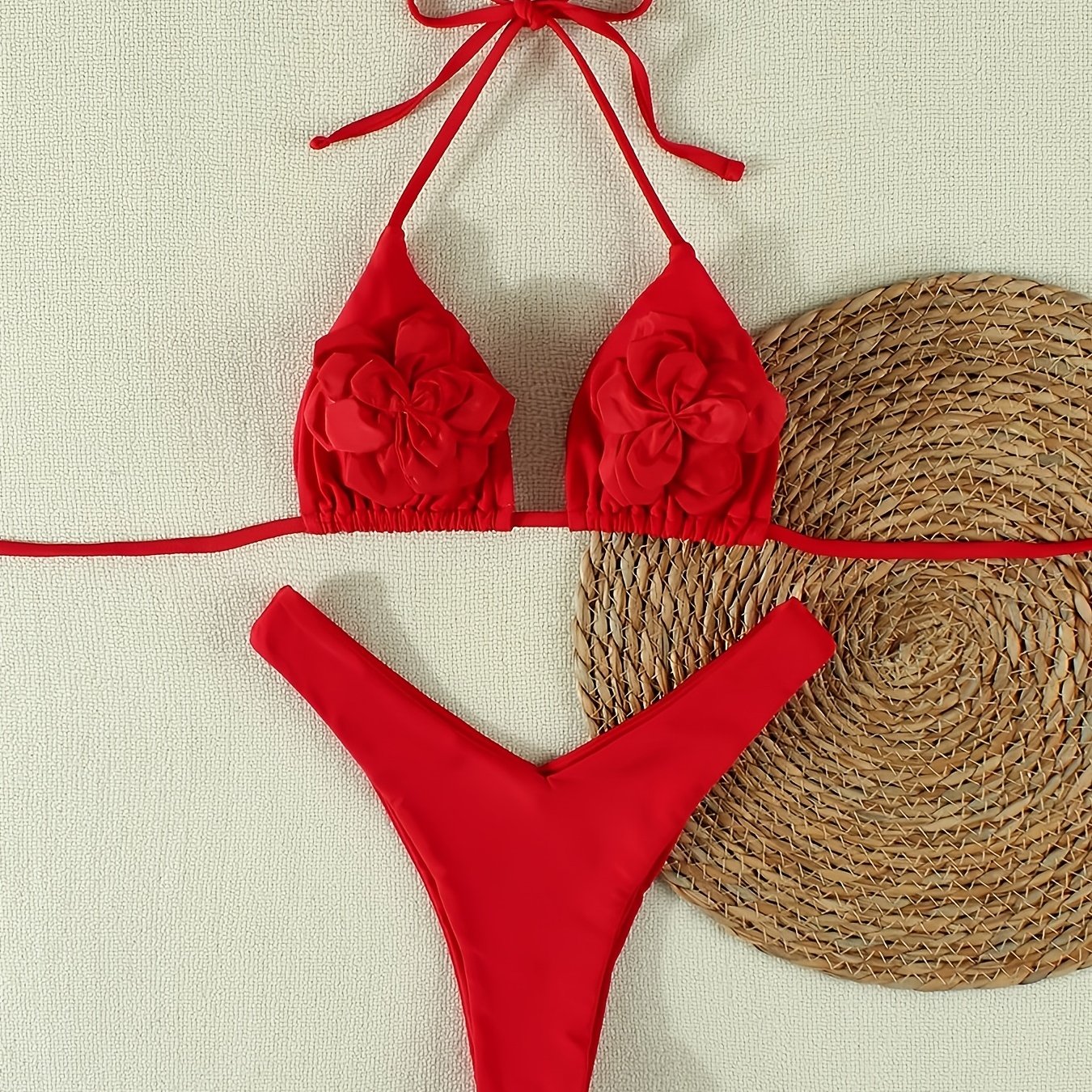 TEMU Ladies' Floral Bikini Set Featuring -dimensional , Halter Neck Triangle Cups, And Triangle Bottoms, Perfect For Beach Vacations