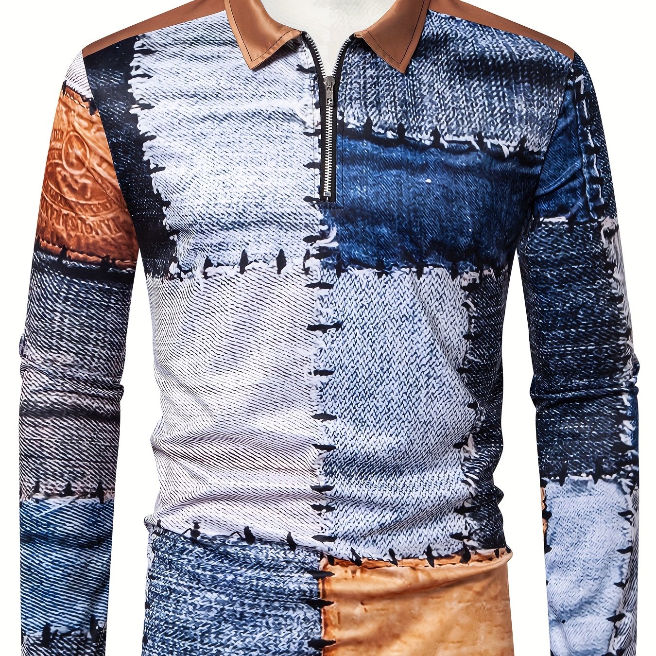 Image of Men's Vintage-inspired Color Block Long Sleeve Shirt With Zip Detail - Casual Polyester Pullover For Spring/fall