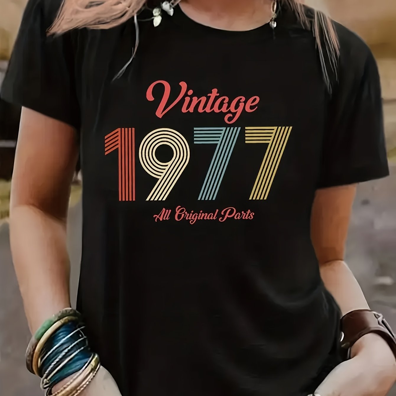 TEMU Vintage 1977 Printed Short-sleeve Round-neck Casual Top Suitable For Women's Spring And Summer Wear