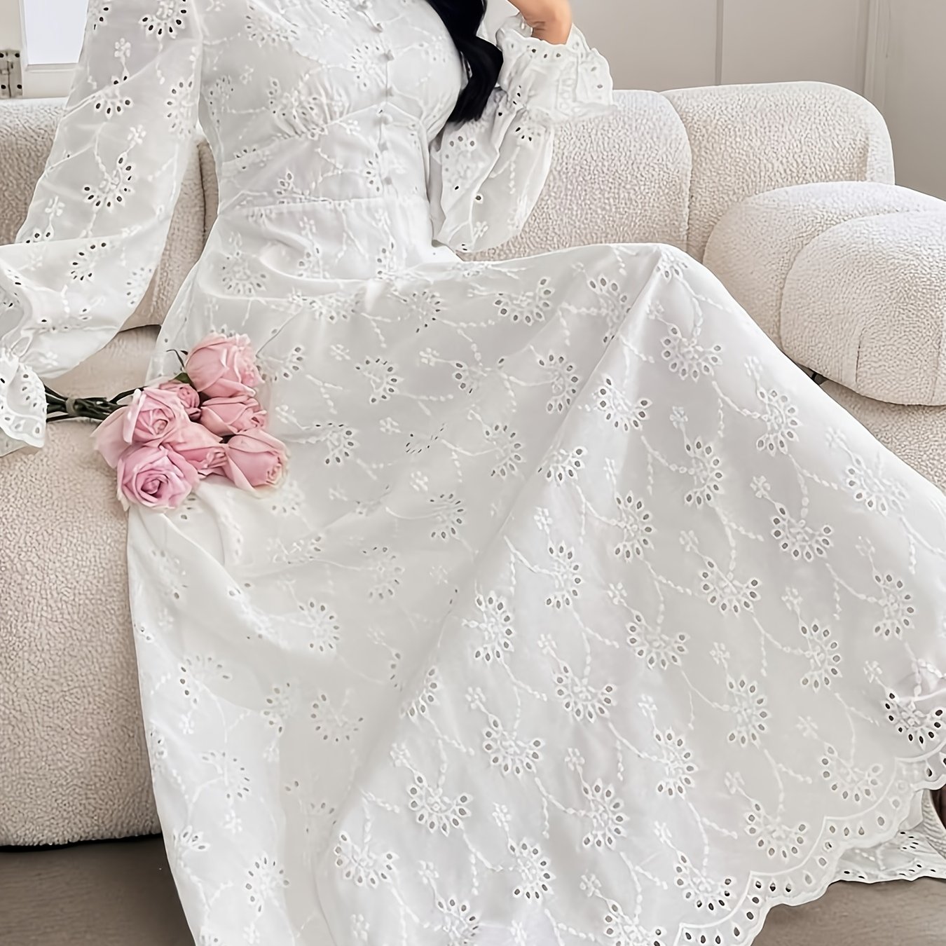 TEMU Women's Autumn Stand Collar Puff Sleeve Long Dress With Pleated Design, Elegant Dress Suitable For Daily Wear