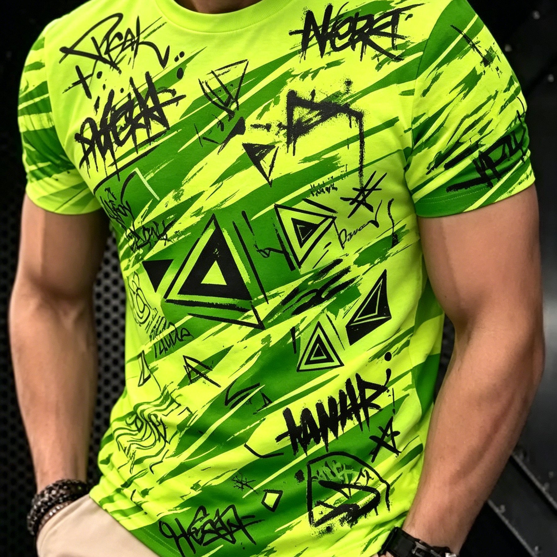 TEMU Men's T-shirt, Neon Green Graffiti Style, Summer Short Sleeve Top, Comfortable And Breathable Loose Fit, Casual Leisure, Outdoor Sports,