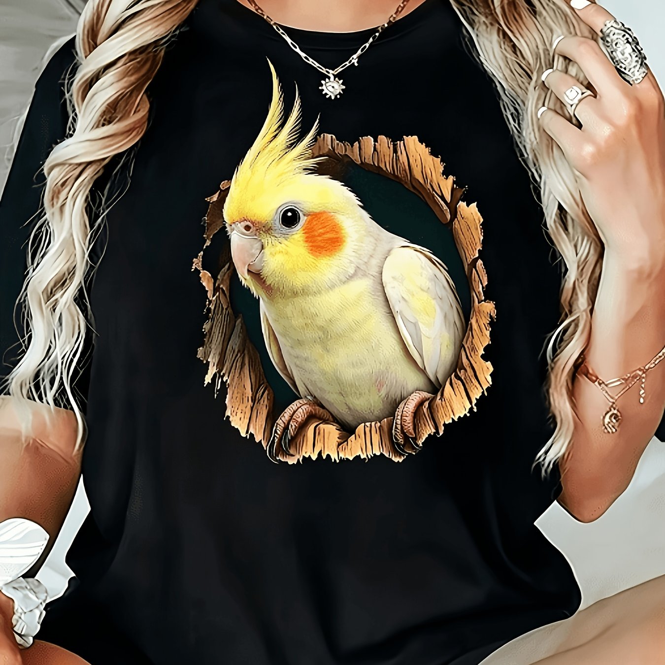 TEMU [2d Printed Design-not Textured] Cute Yellow Cockatiel Graphic Shirt, , Comfortable And Practical, Affordable , New Product , Suitable For