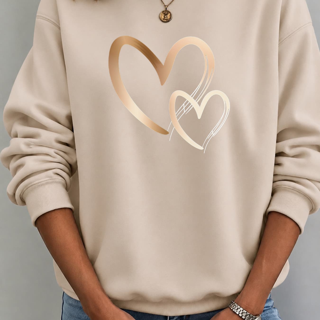 Image of Autumn/winter New Fleece Pullover Women's Loose Fit Casual Sweatshirt With Heart Print, Breathable And Comfortable, Versatile Daily Wear Round Neck Sweatshirt