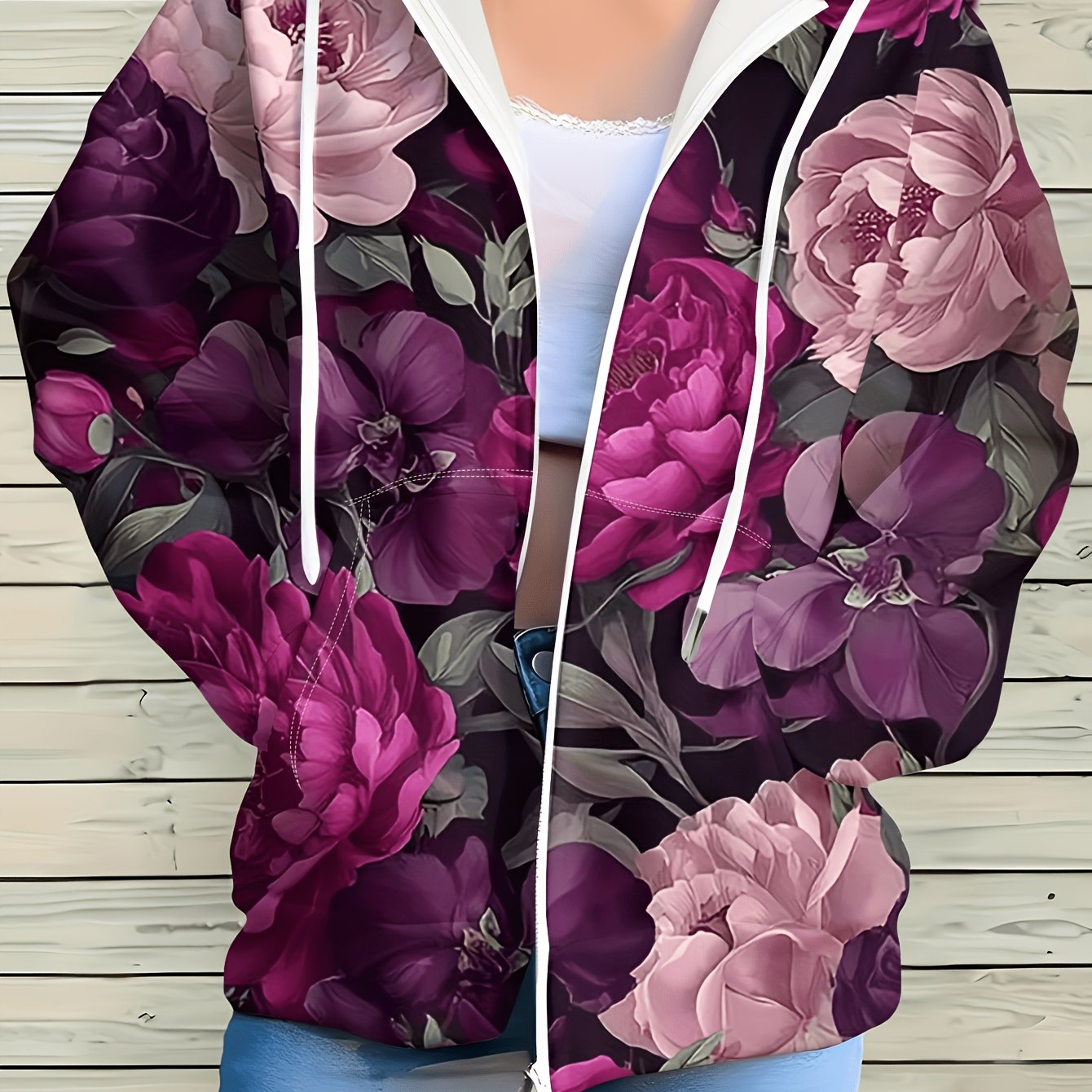 TEMU Plus Size, Vintage Floral Print Zip-up Sweatshirt For A Style, Women's Zip-up Hooded Sweatshirt, Plus Size Women's Zip-up Hoodie, Zip-up Hooded