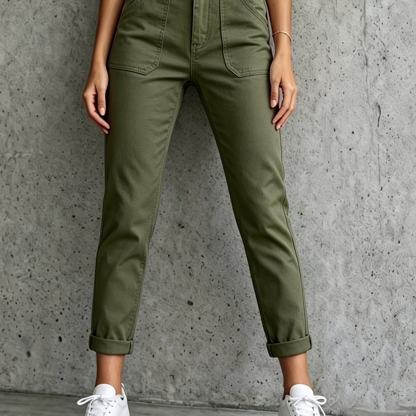Image of 2026 New French Retro Olive Green Casual Trousers, Large Pocket High-waist Ankle Casual Pants, Versatile Casual Long Trousers