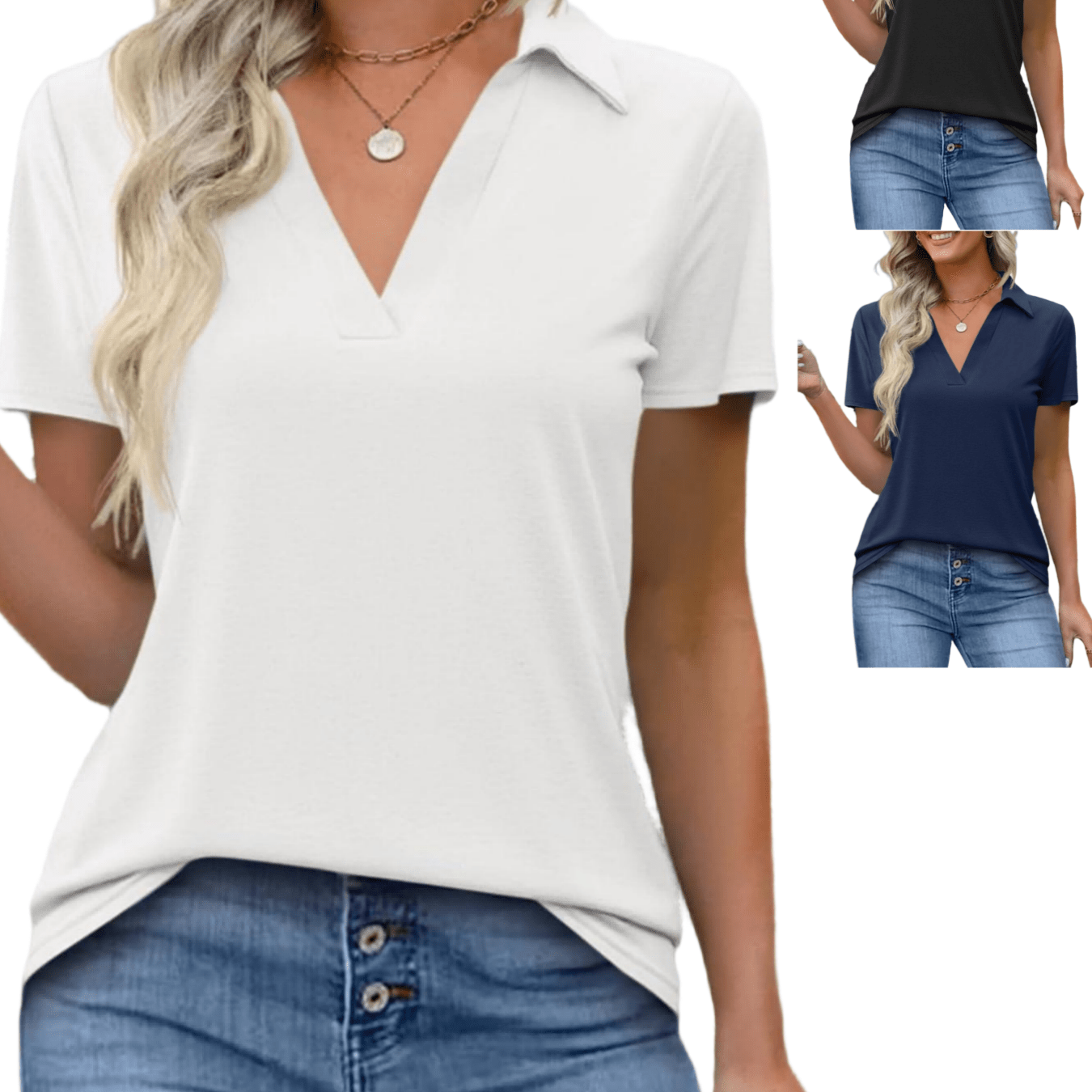 Women' Spring Summer T-shirts V-neck Short Sleeve Business Dressy Casual Tops Collared Trendy Tees