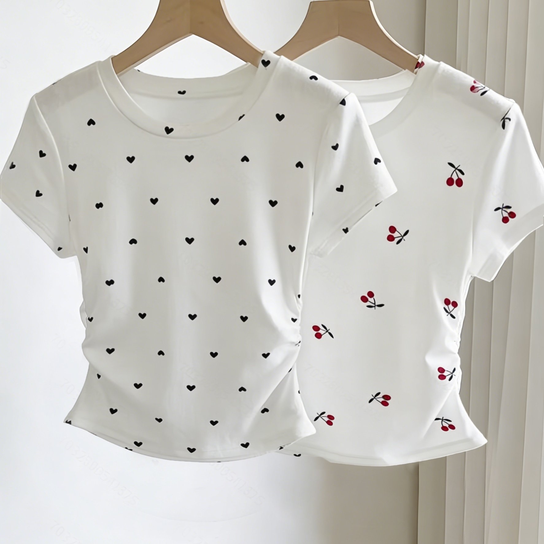 Women'-piece Set 2026 Style, Casual Pleated Edge Short-sleeved Round Neck Small Cherry Print + Small Heart Print T-shirt Spring And Summer Slim Short-sleeved Fashion T-shirt