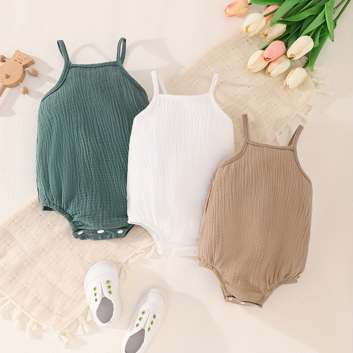 Summer Girls' Crinkle Fabric Bodysuit 3pcs Newborn Baby Casual Camisole Onesies, Perfect For Outdoor