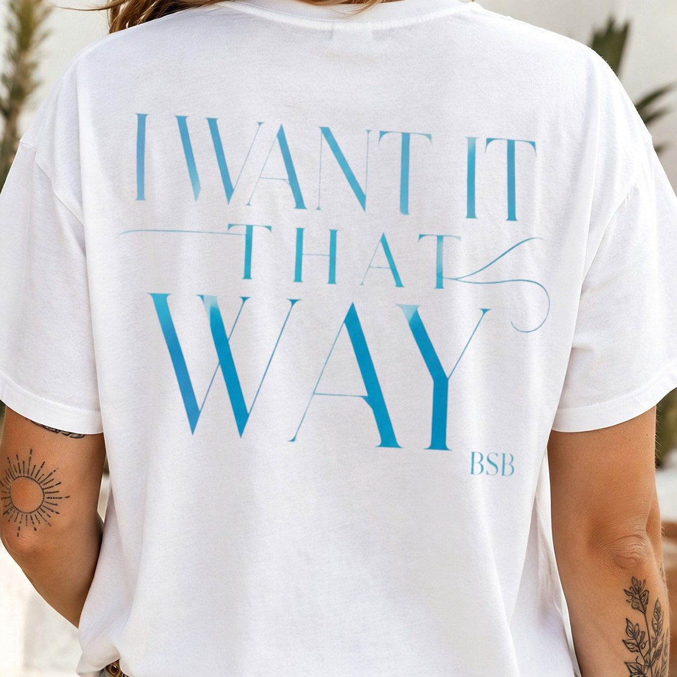 Image of Plus Size - Bsb Song Text Graphic Back Print T-shirt Casual Everyday Short Sleeve
