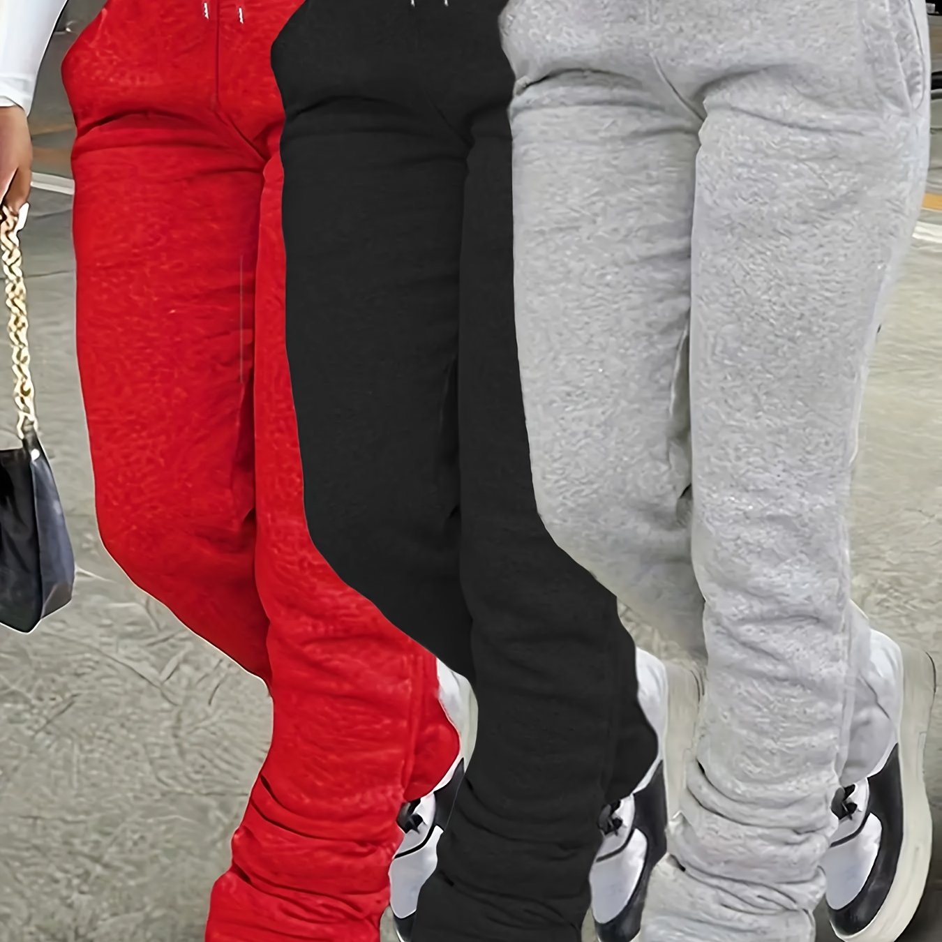 TEMU Ensemble pièces pour femmes, style européen et américain, couleur unie noir rouge : sweat à capuche en tissu décontracté avec cordon de serrage,