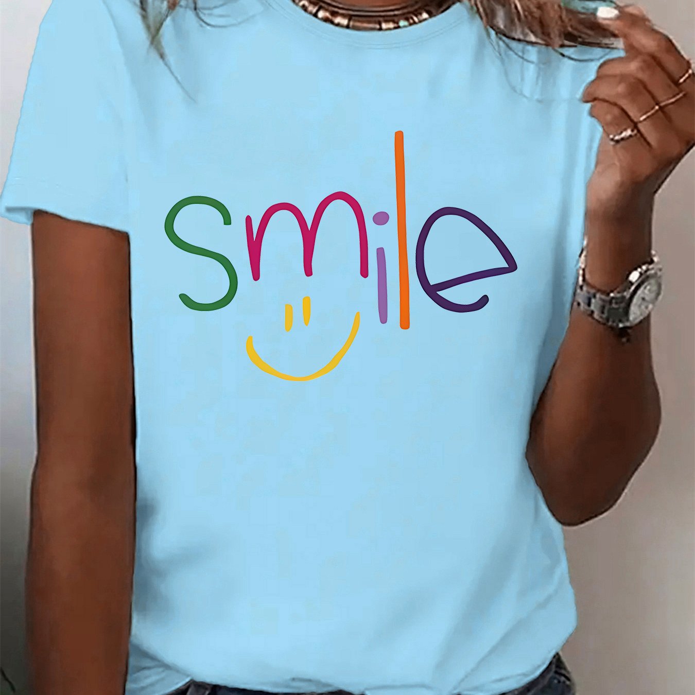 TEMU Women's Casual T-shirt - Colorful Smile Face Print - Printed Style - Women's Casual Sport T-shirt - Pretty Short Sleeve, Suitable For ,