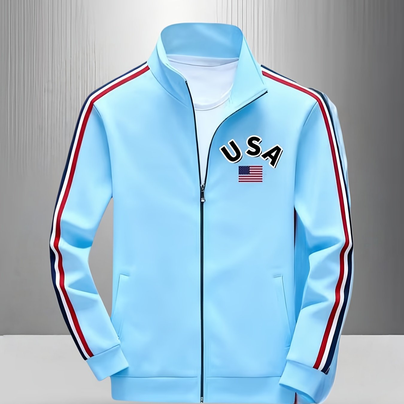 Image of Men's Casual Zip-up Track Jacket With Light Blue Usa And