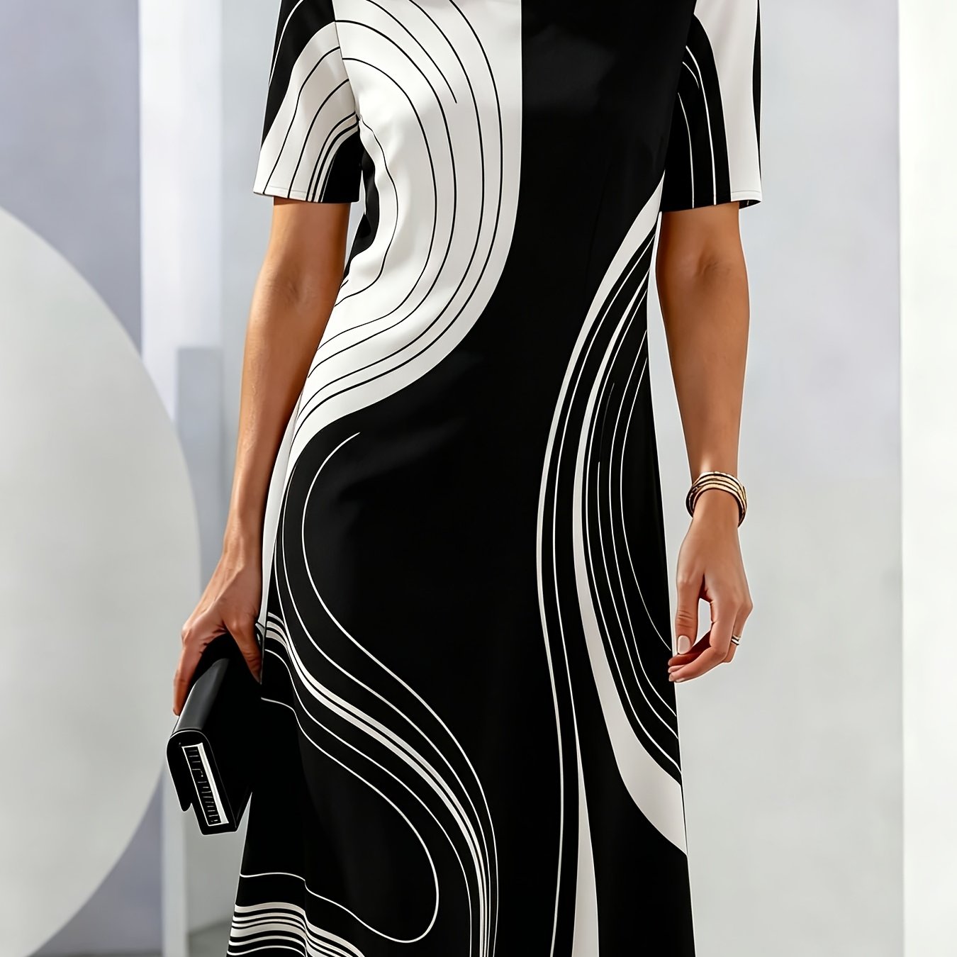 Image of Women's Elegant Black White Geometric Swirl Print A-line Dress, Round Neck Short Sleeve Casual Flowy Midi Dress, Modest Business & Daily Wear With Modern Pattern