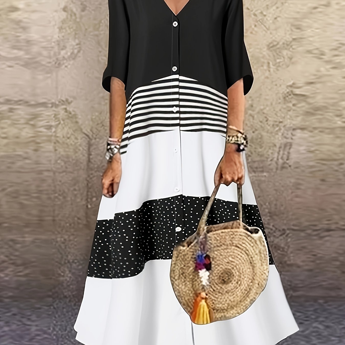 TEMU Color-block Long Elegant Dress, Temperament Button Decor V-neck Skirt, 3/4 Sleeve Striped Printed -season Wear Versatile Casual Dress