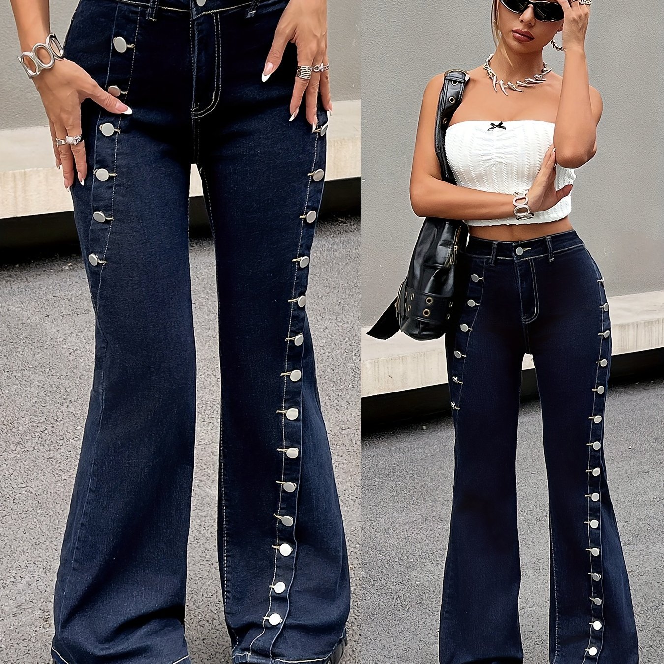 Image of Elegant Women's High-stretch Flare Jeans With Button Detail - Mid-rise, Slim Fit Denim Pants For