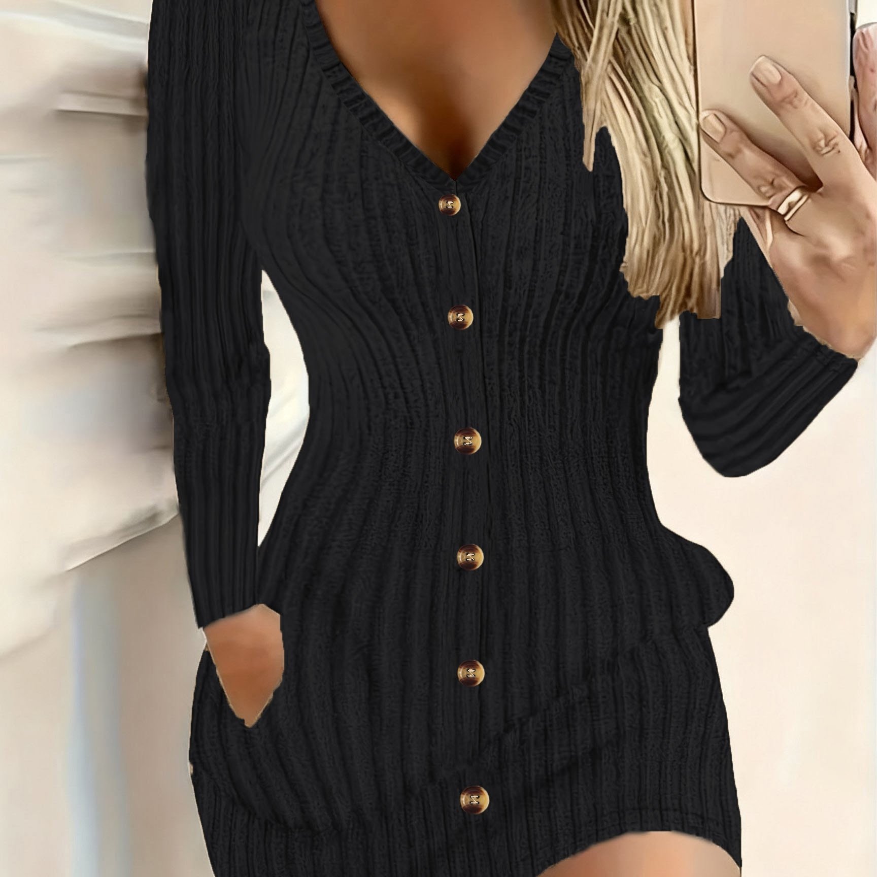 TEMU Directional And Women's Fashion Temperament Long Sleeve, Double Pockets Single-row Buttons Plush Texture Fabric, Slim Fit Temperament -hugging