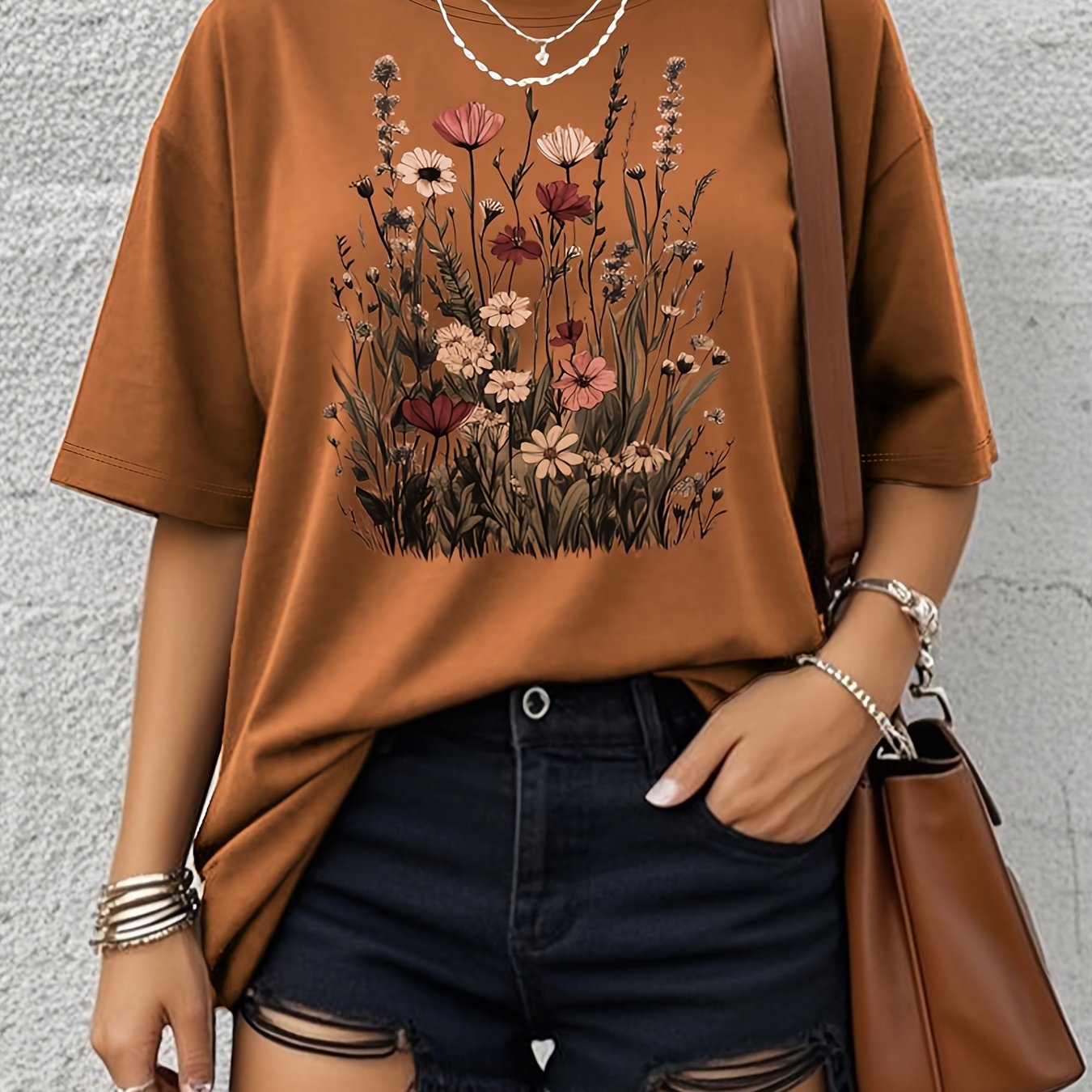 E-shop Plus Size - Damen Freizeit T-Shirt in großen Größen, mit Blumenmuster, kurzen Ärmeln, weich, locker und bequem.