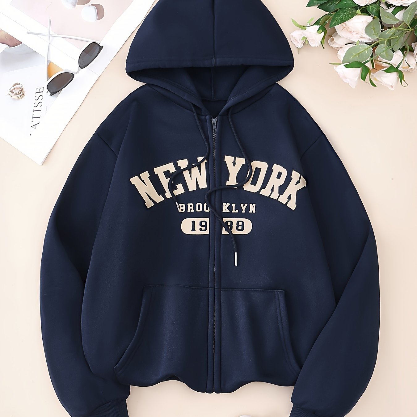 TEMU Letter Print Zip-up Hoodie Sweatshirt, Casual Long Sleeve Slant Pockets Drawstring Jacket For Fall & Winter, Women's Clothing