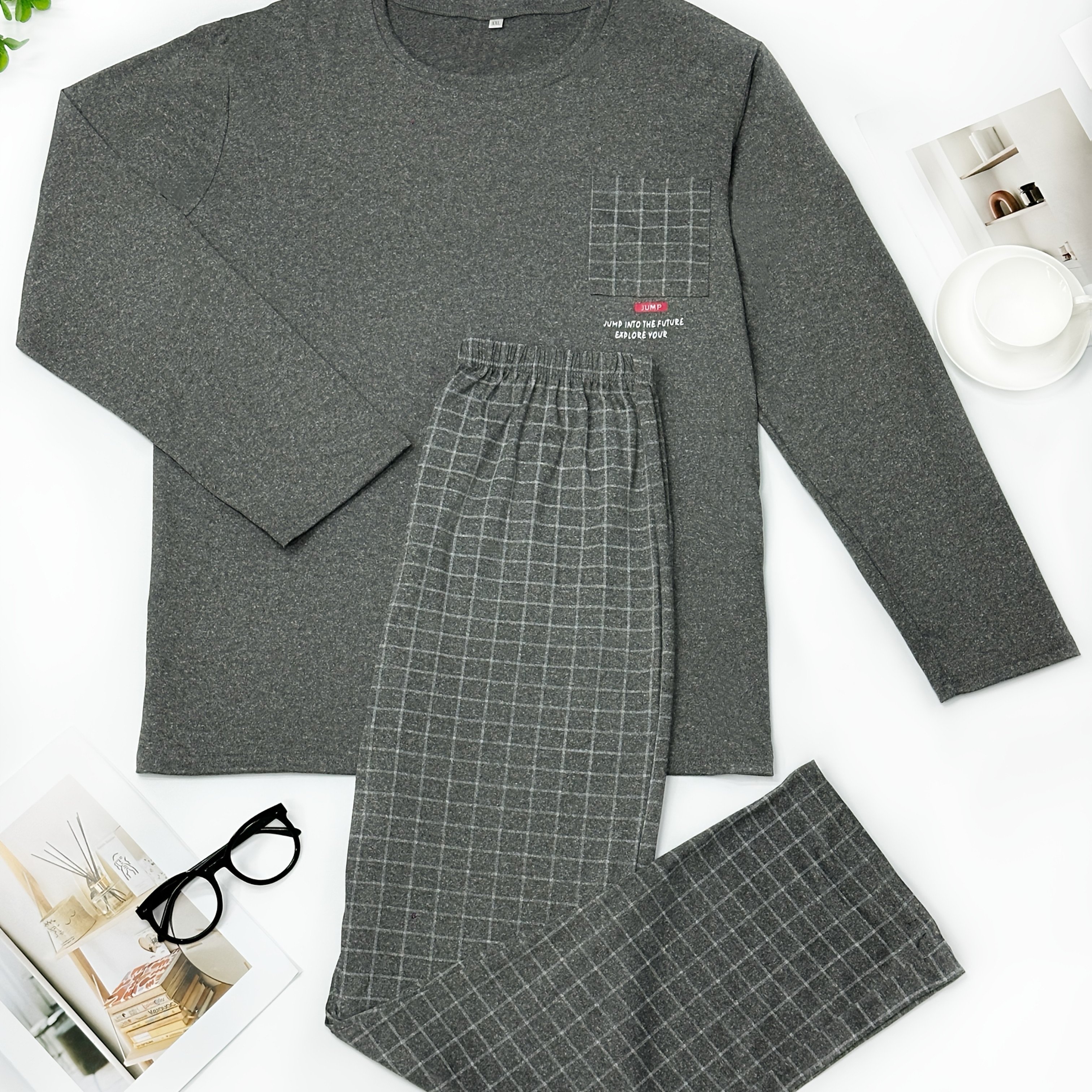 Men's Plus Size Pajama Set With Round Neck Design, Polyester And Spandex Blend, Knitted Fabric, Suitable For Comfortable Wear In , Plus Size