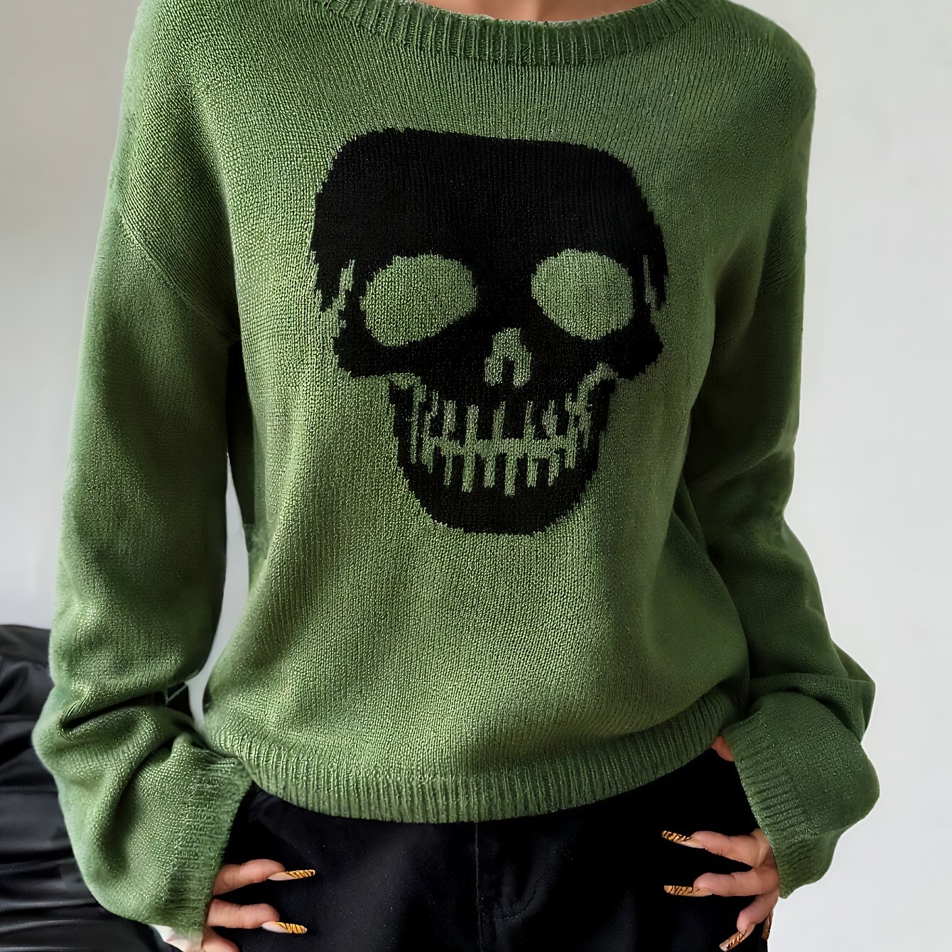 TEMU New Autumn/winter Casual Fashion Loose-fit Versatile Slouchy Personality Skull Contrast Color Long Sleeve Crew Neck Women's Pullover