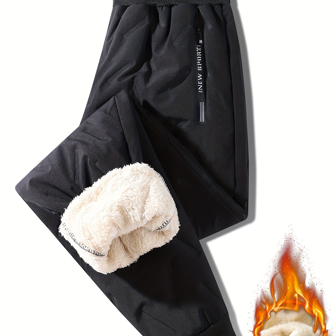 Image of Thickened Winter Warm Long Pants, 3 Colors Black, Navy, Dark Gray, Boys' Thick Fleece Outdoor Trousers, Drawstring Ankle Pants With Zipper Pockets, For Outdoor