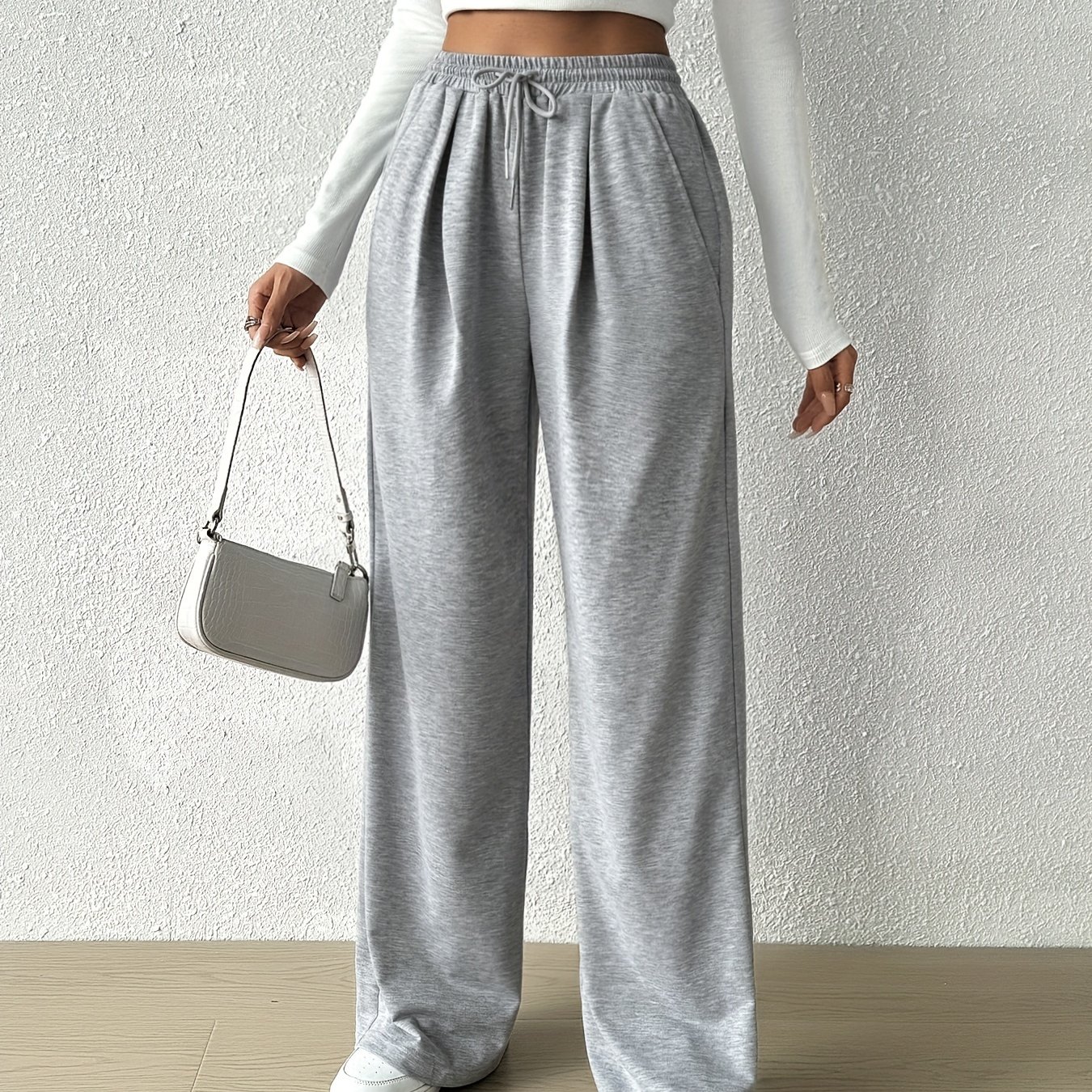 Solid Wide Leg Sweatpants Casual Drawstring Waist Slant - Temu 