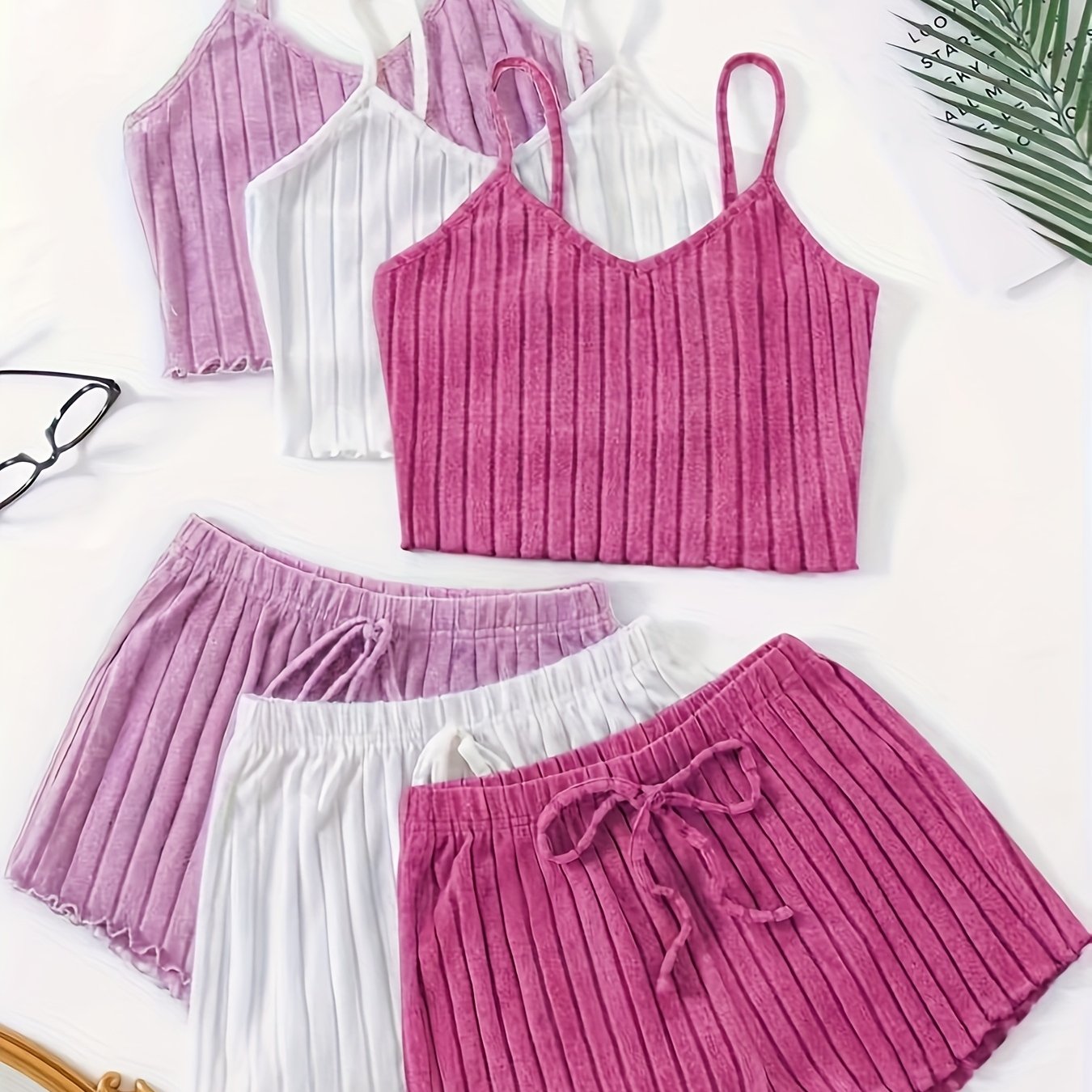 Image of A Set Of 6 Sleepwear Consisting Of Solid Color Light Purple, White, And Dark Purple Camisole Shorts For Women