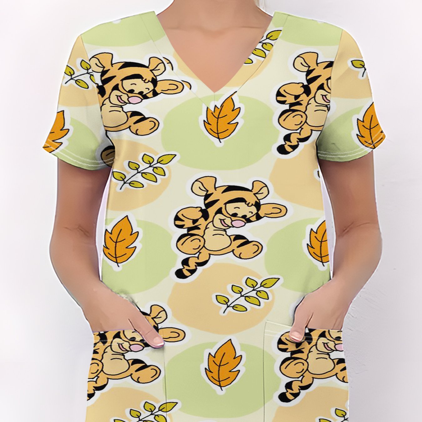 TEMU New Uniforms Featuring A Stylish V-neck Short Sleeve Design With Pockets, And Cute Cartoon Patterns, Made From Comfortable And Elastic Fabric