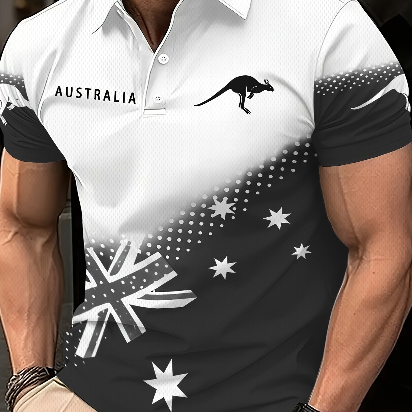 TEMU Men's Casual Short-sleeve Shirt, White Black Gradient With Australian Flag Pattern, Kangaroo Print, Australia Lettering, Fashion Casual, Daily