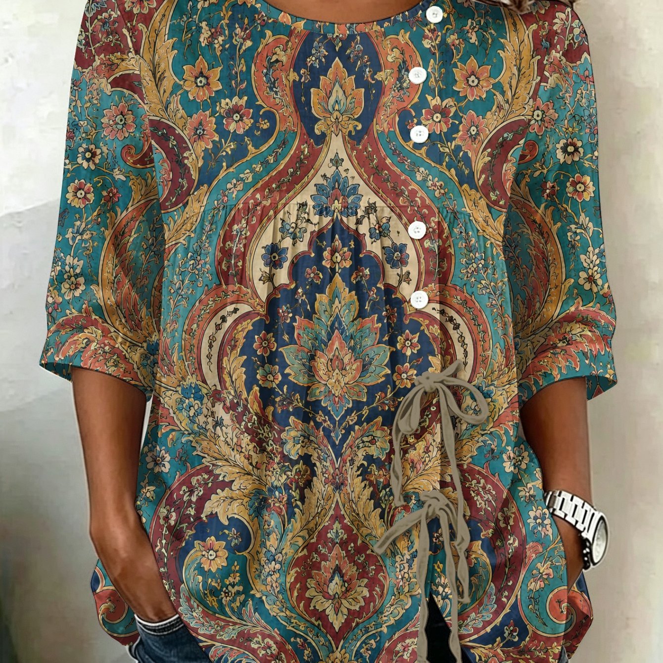 TEMU Plus Size, Bohemian Floral Paisley Womens Plus Size Button Tie Shirt Oversized Extended Length Essential Spring Summer Trend Durable Fashion