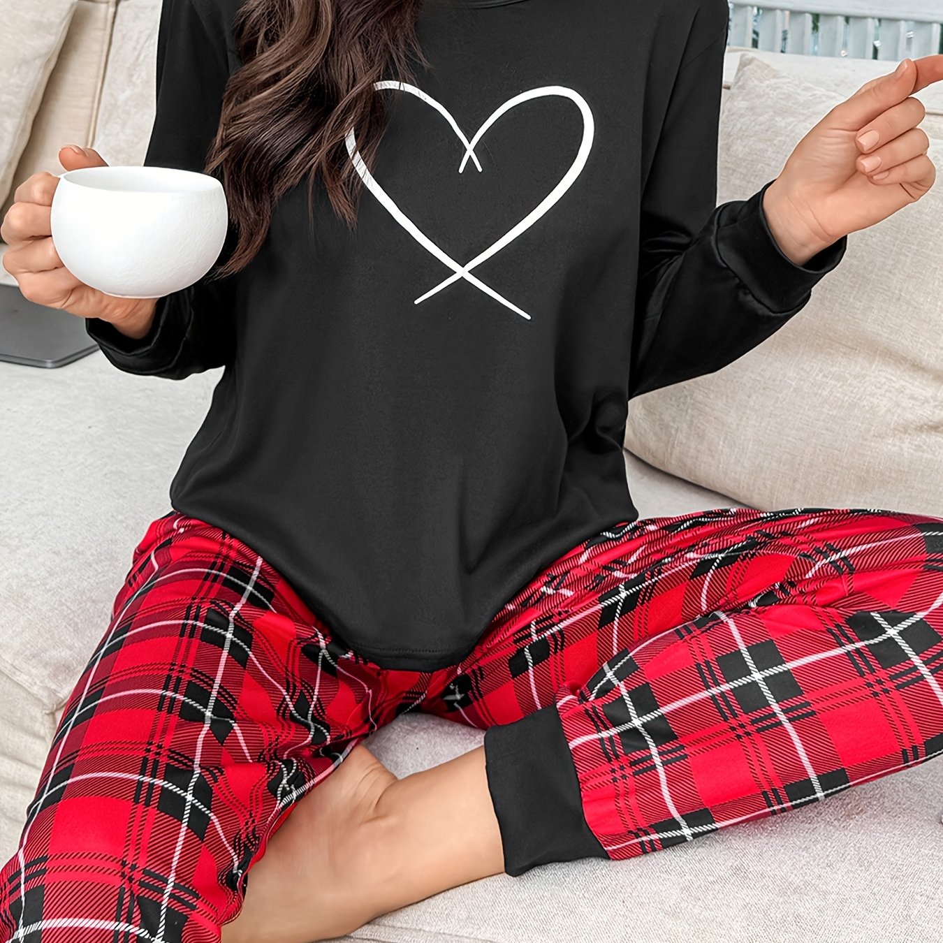 TEMU Spring Summer Autumn Winter Women's Pajamas Cartoon Print Long Sleeve Top And Checkered Long Pants Wear Set