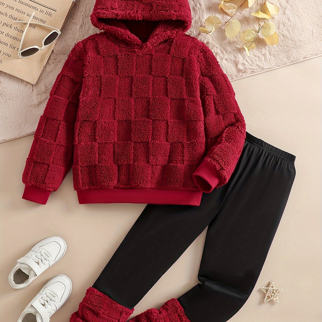 Image of Autumn Winter Girls' Fashion New Elegant Cute Exquisite Jacquard Plush Fabric Soft Hooded Long Sleeve Top And Versatile Design Sense Same Long Pants Daily Casual Outing Vacation Party Comfortabl