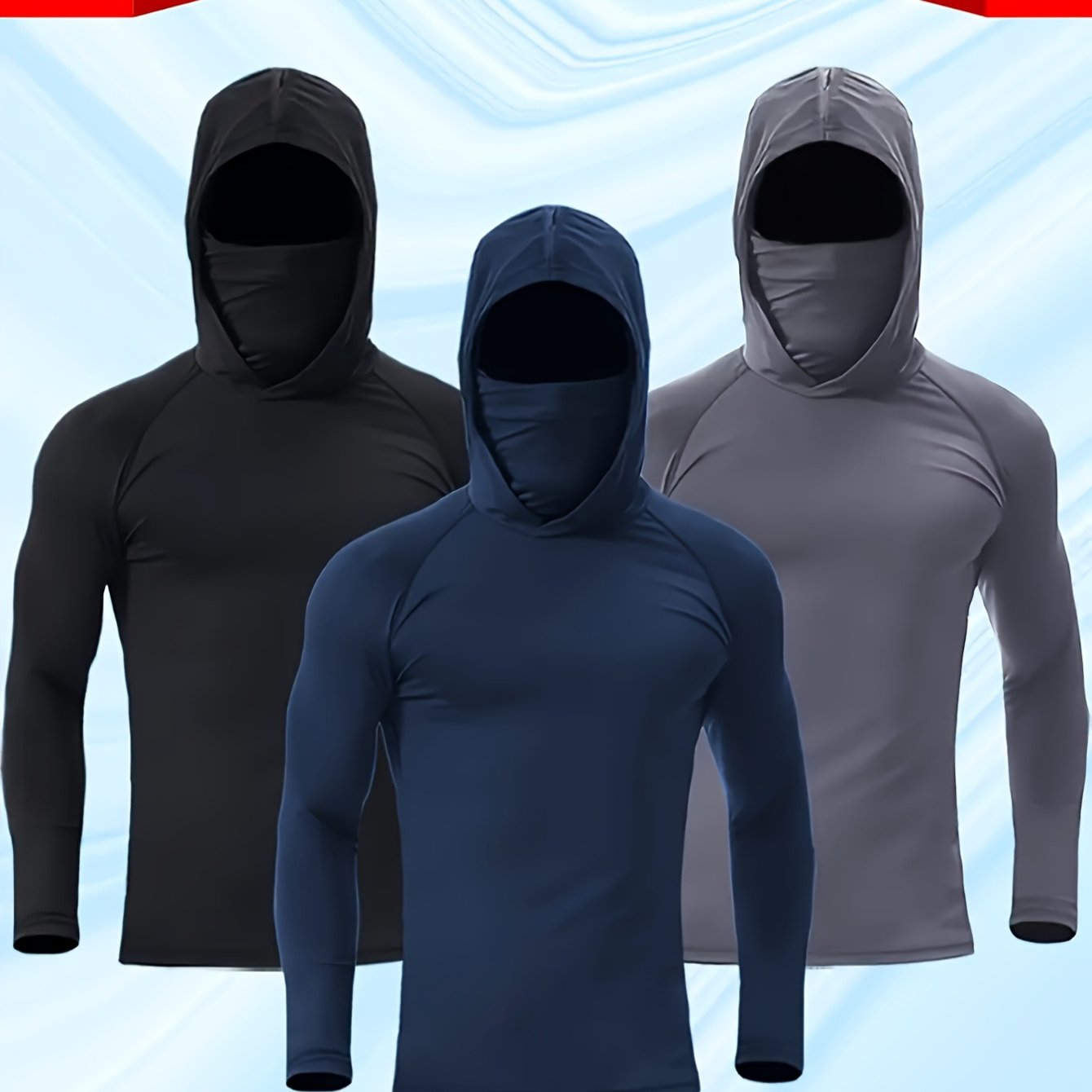 TEMU 3 pièces Sweat à Capuche Homme Haute Élasticité Séchage Rapide Respirant avec Masque - Pull Sportif Slim-Fit pour Course en Extérieur et
