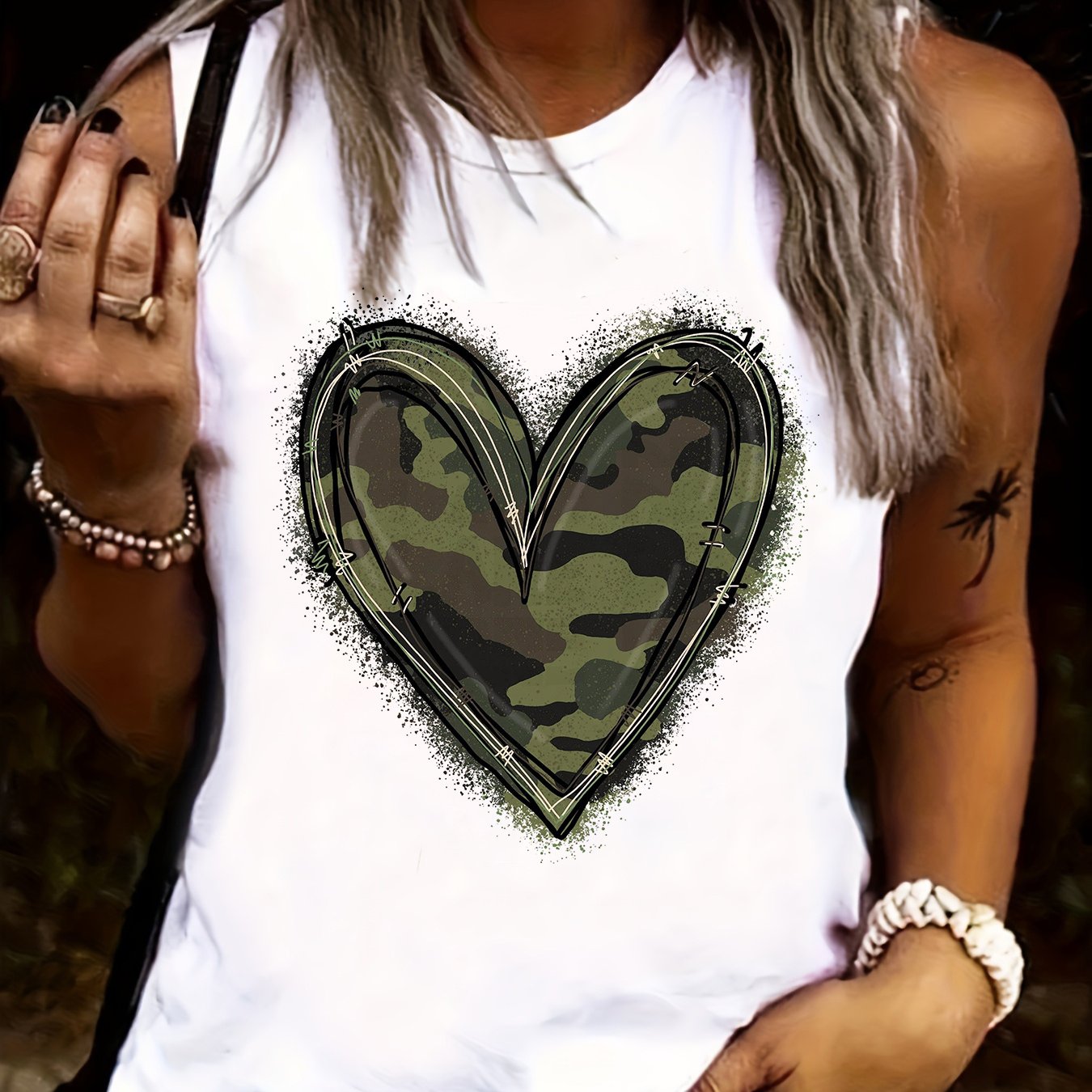 Image of Camouflage Love Heart Graphic Print Tank Top, Crew Neck Casual Sleeveless Top For Spring And Summer, Women's Clothing