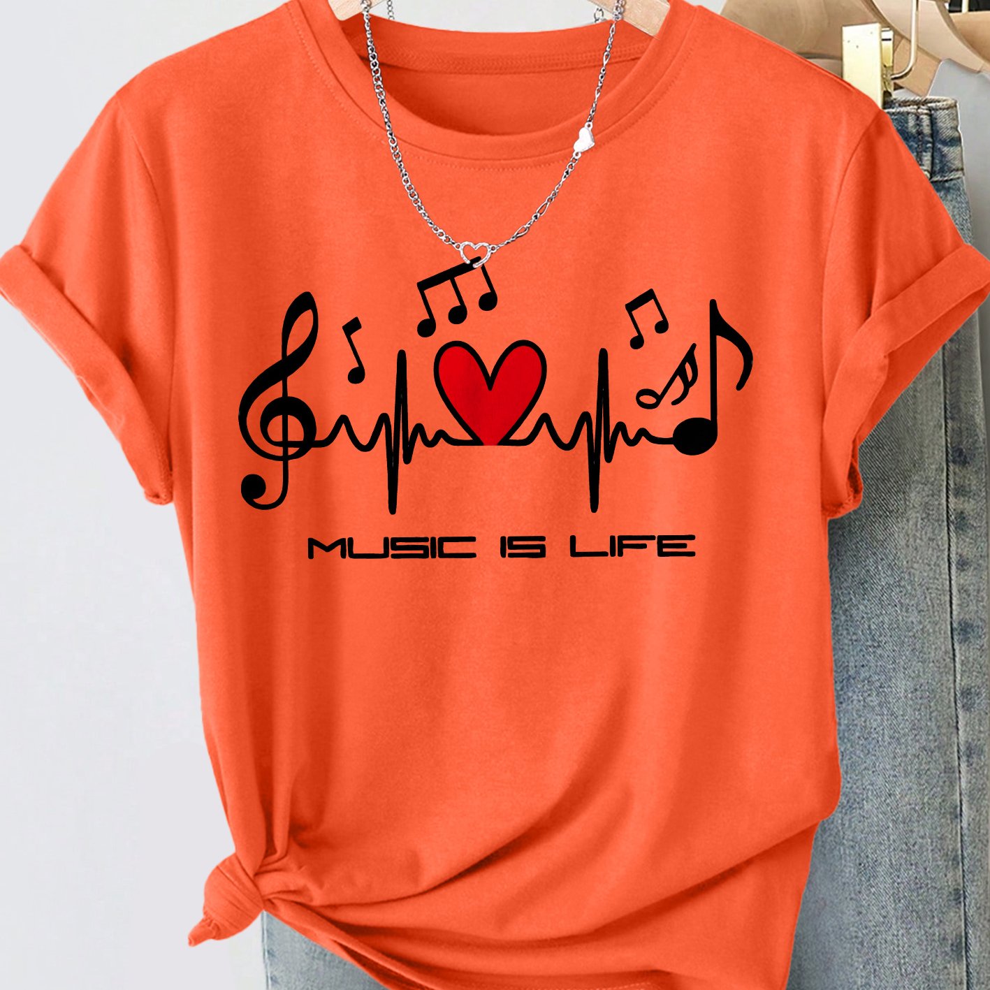 TEMU Women's Plus- Note T-shirt - " Life" Heartbeat Print Crew Neck Short Sleeve Top, Stretchy -compatible Tee Suitable For Commuting, Vacation &