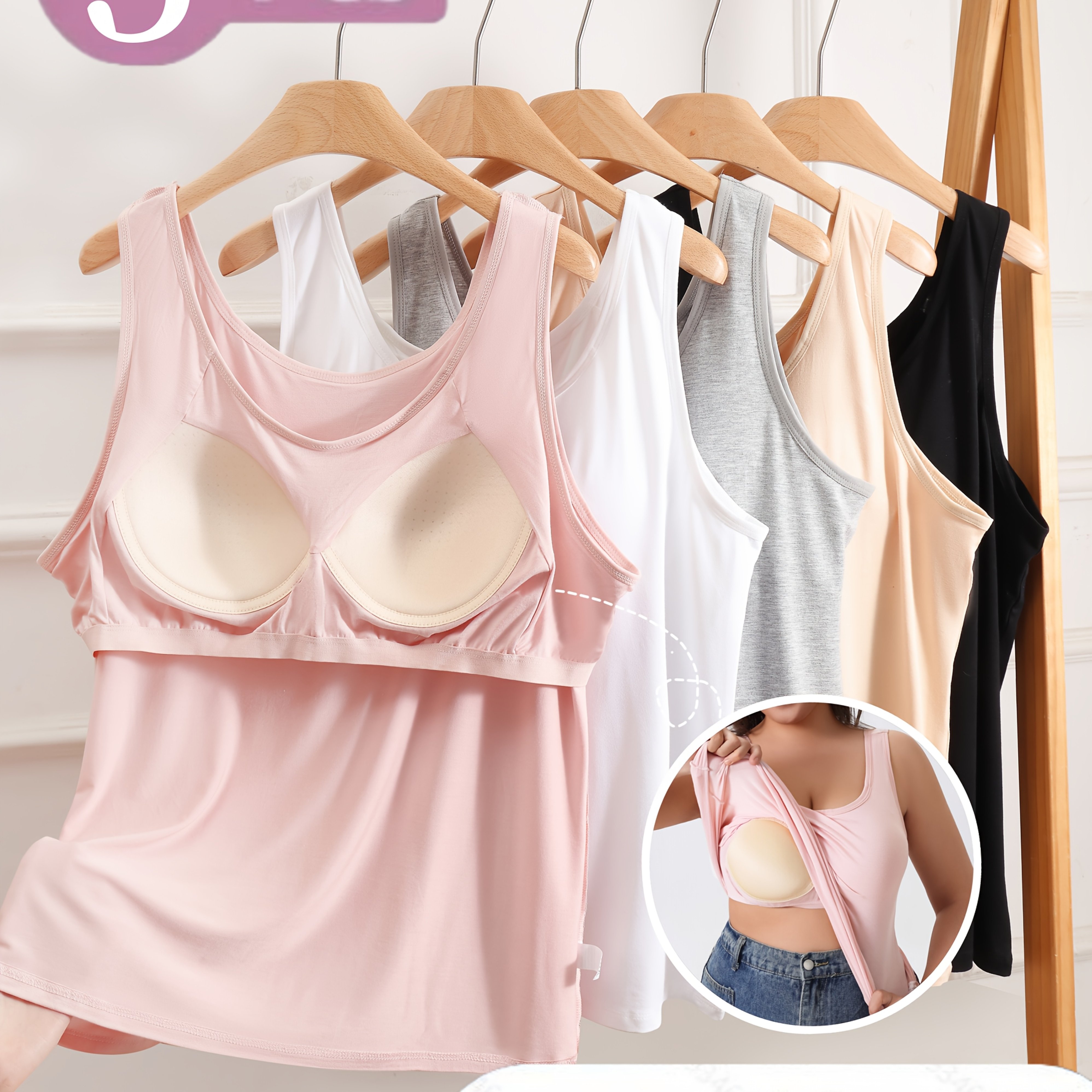 Image of 5pcs Set Of Women's Plus Size Camisole And Bra 2-in-1 Camisole Top, Comfortable Breathable , Versatile For Outer And Inner Wear