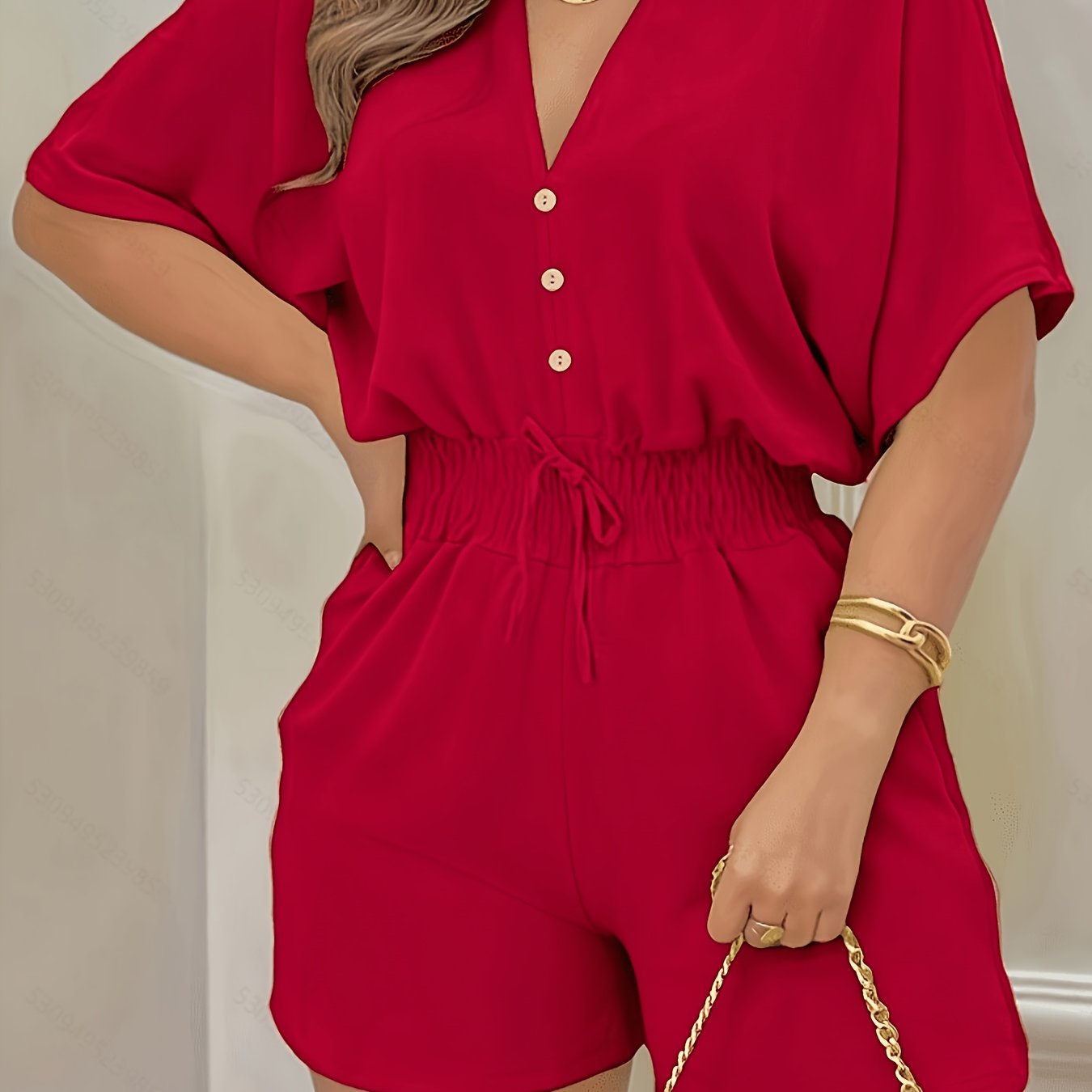 TEMU Women's V-neck Button-up Elastic Waist Batwing Sleeve Casual Romper Shorts Elegant Spring/summer Style