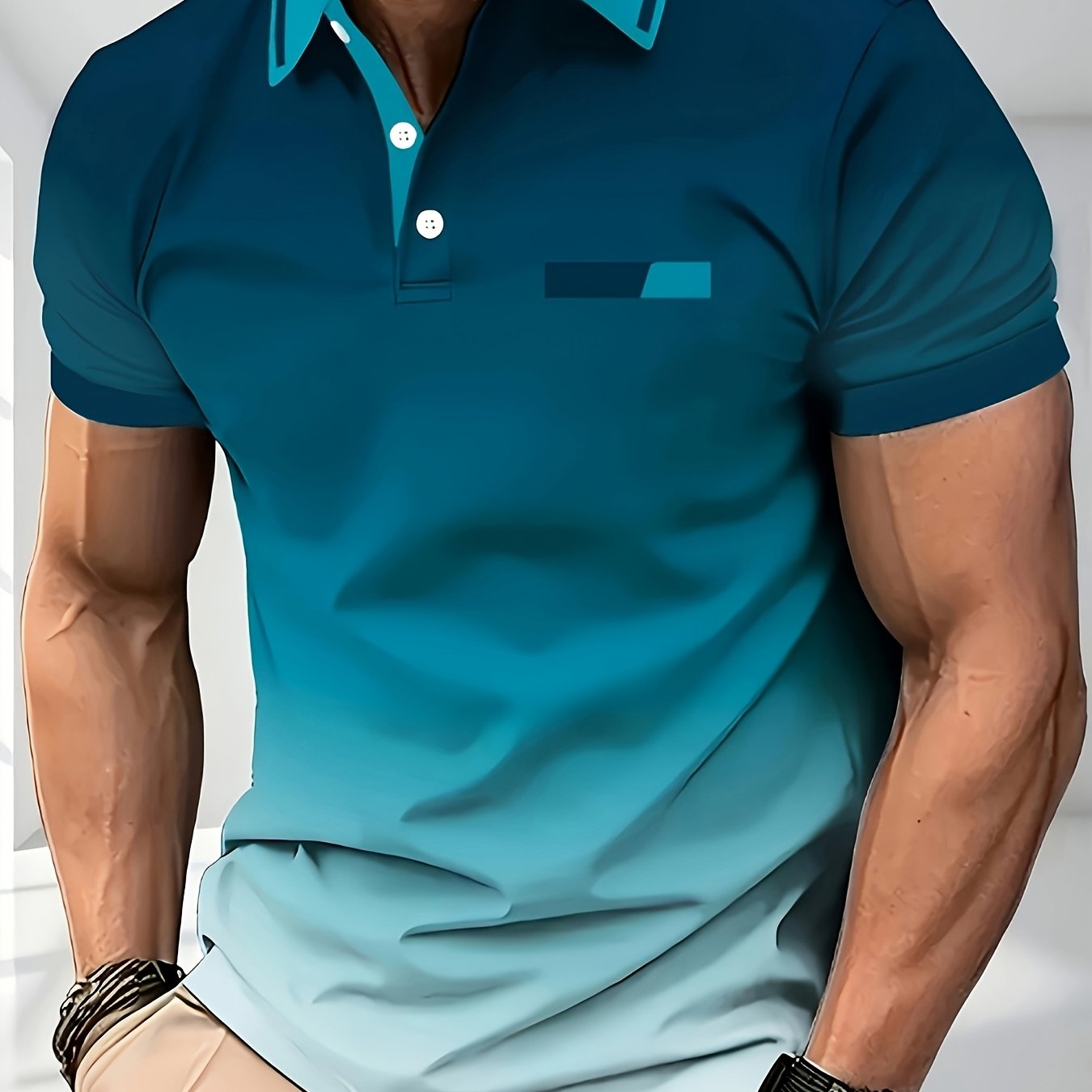 TEMU Men's Gradient Print Short-sleeve Casual Sport Outdoor Lapel T-shirt, Summer Apparel, No Pockets