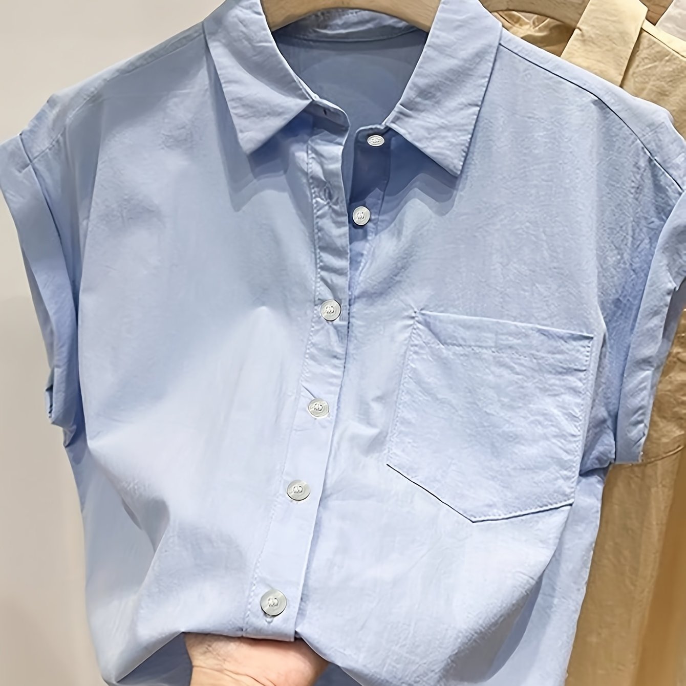 TEMU Light Blue Textured Collar Short Sleeve Shirt, Women's Casual Loose Top With Pocket