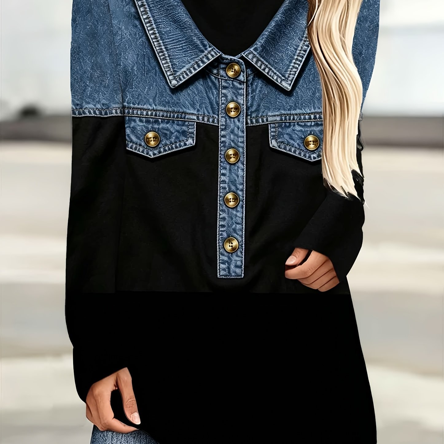 TEMU [printed Design - Non-real Texture] Women's Plus Size Vintage Denim Collared Long Sleeve Top, Casual Long T-shirt, Washed Denim Collared Metal