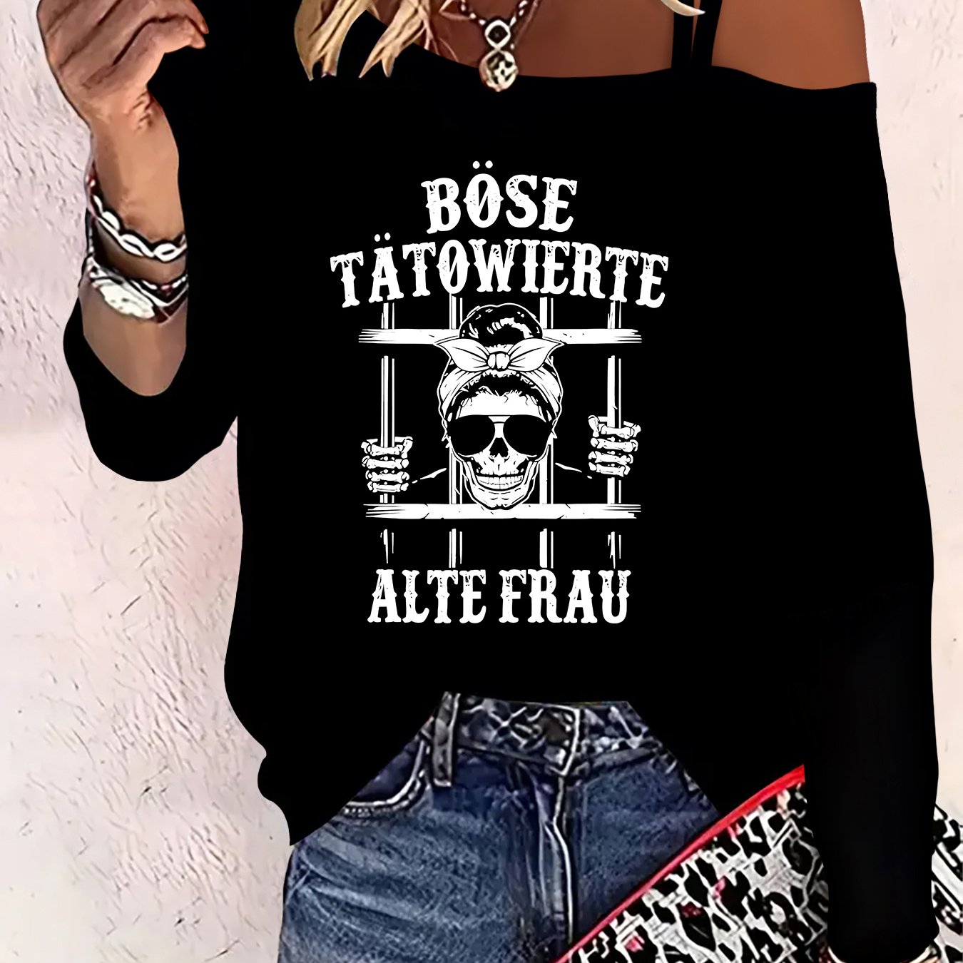 E-shop Damen Halloween Outfit mit Skelett-Gefängnis-Briefdruck, elegante Party-Mode, dehnbar, weich, maschinenwaschbar, Langarm-Tanktop