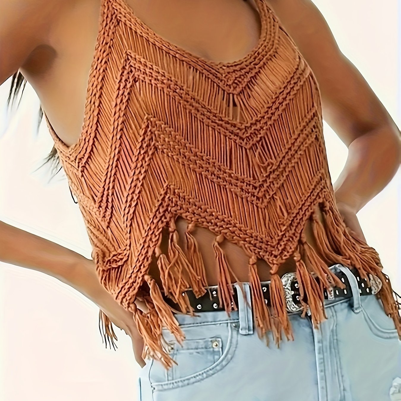 Bohemian Women's Beach Cover-up Tank Top With Tassels, Hand-crocheted, Short Outerwear