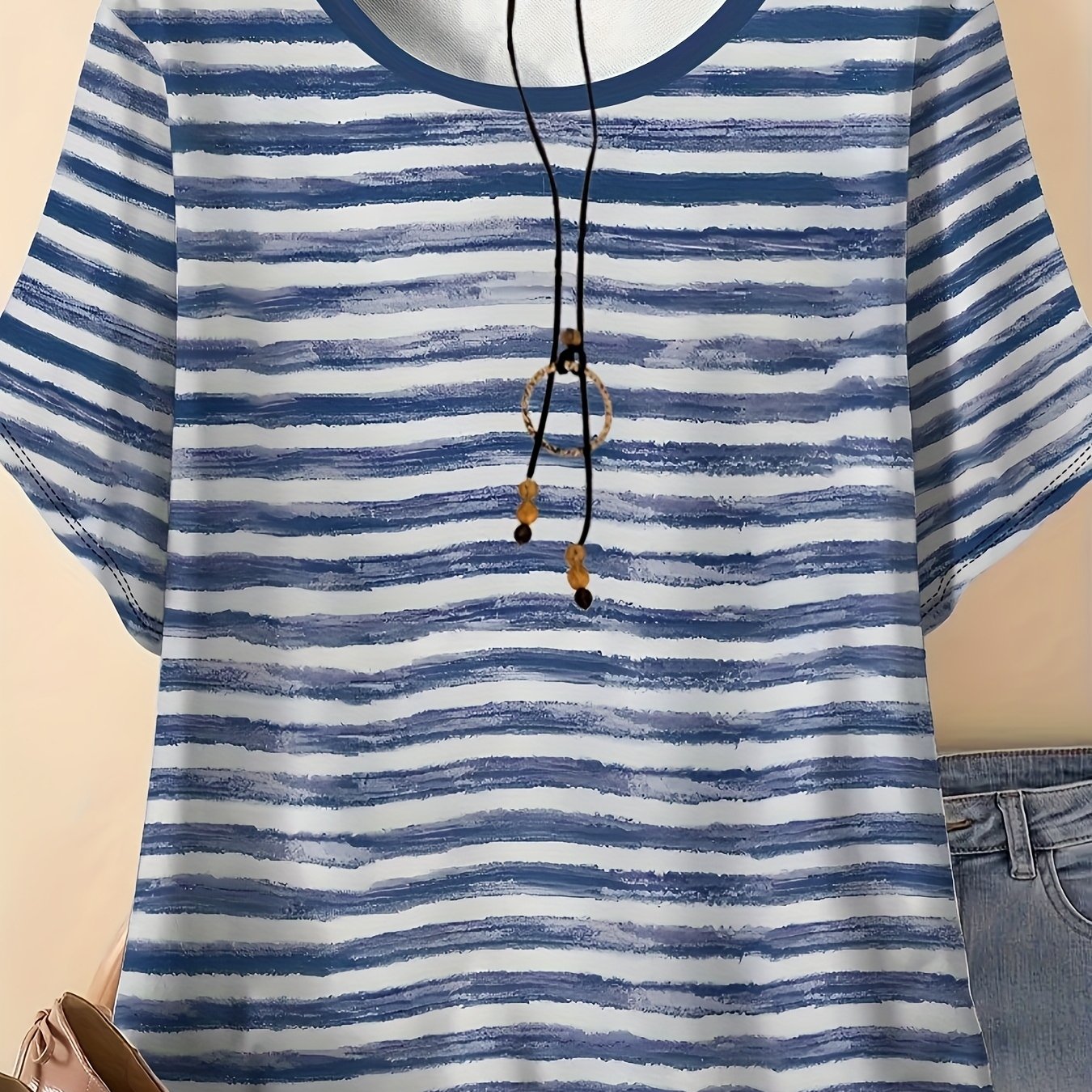 Plus Size, Plus Size Comfortable, Casual, Elegant Style Women's Round-neck Short-sleeve T-shirt With Printed Striped Pattern