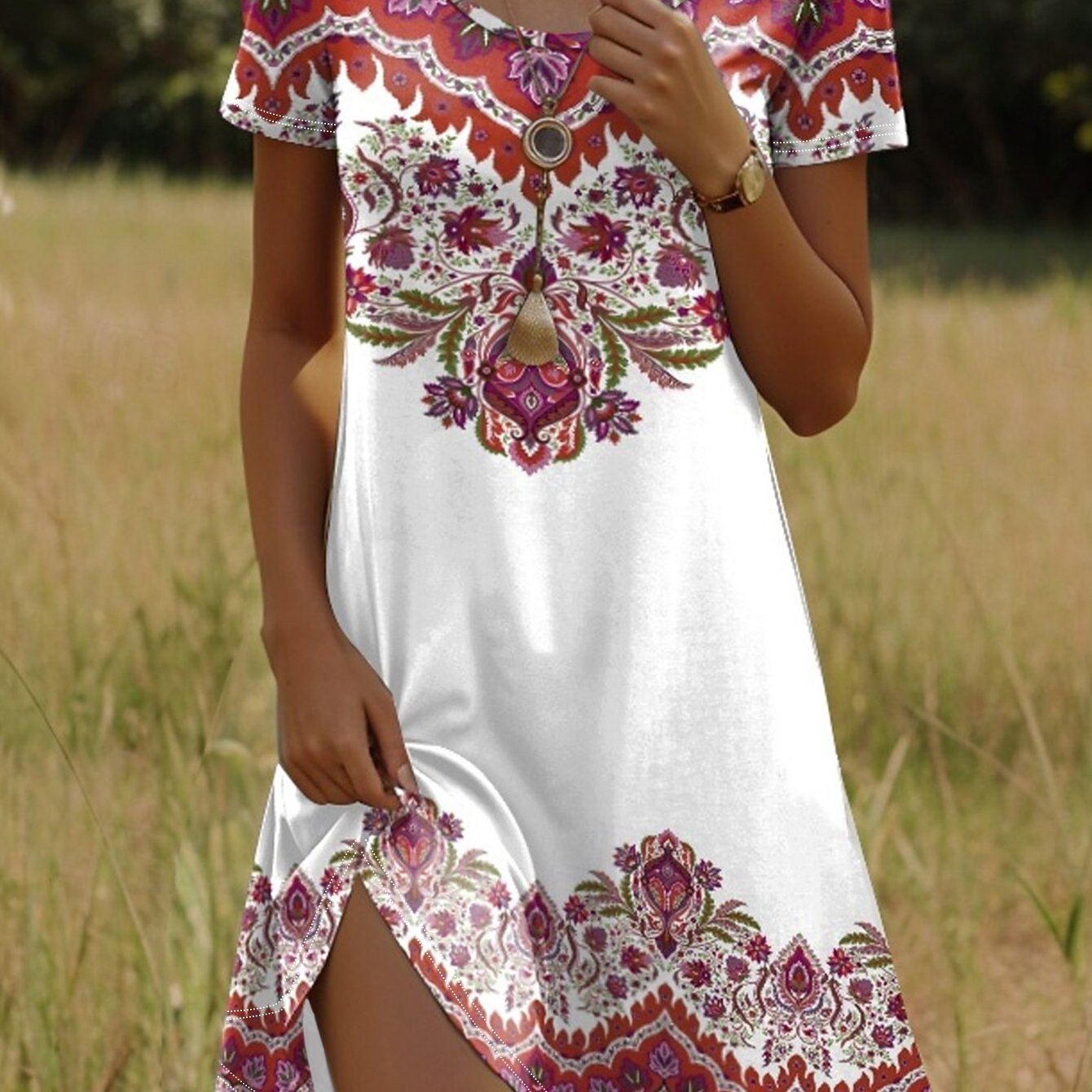 TEMU Robe courte grande taille pour femme, robe T-shirt, robe décontractée , style bohème, pour sortie, coupe droite, à manches courtes, col ras du
