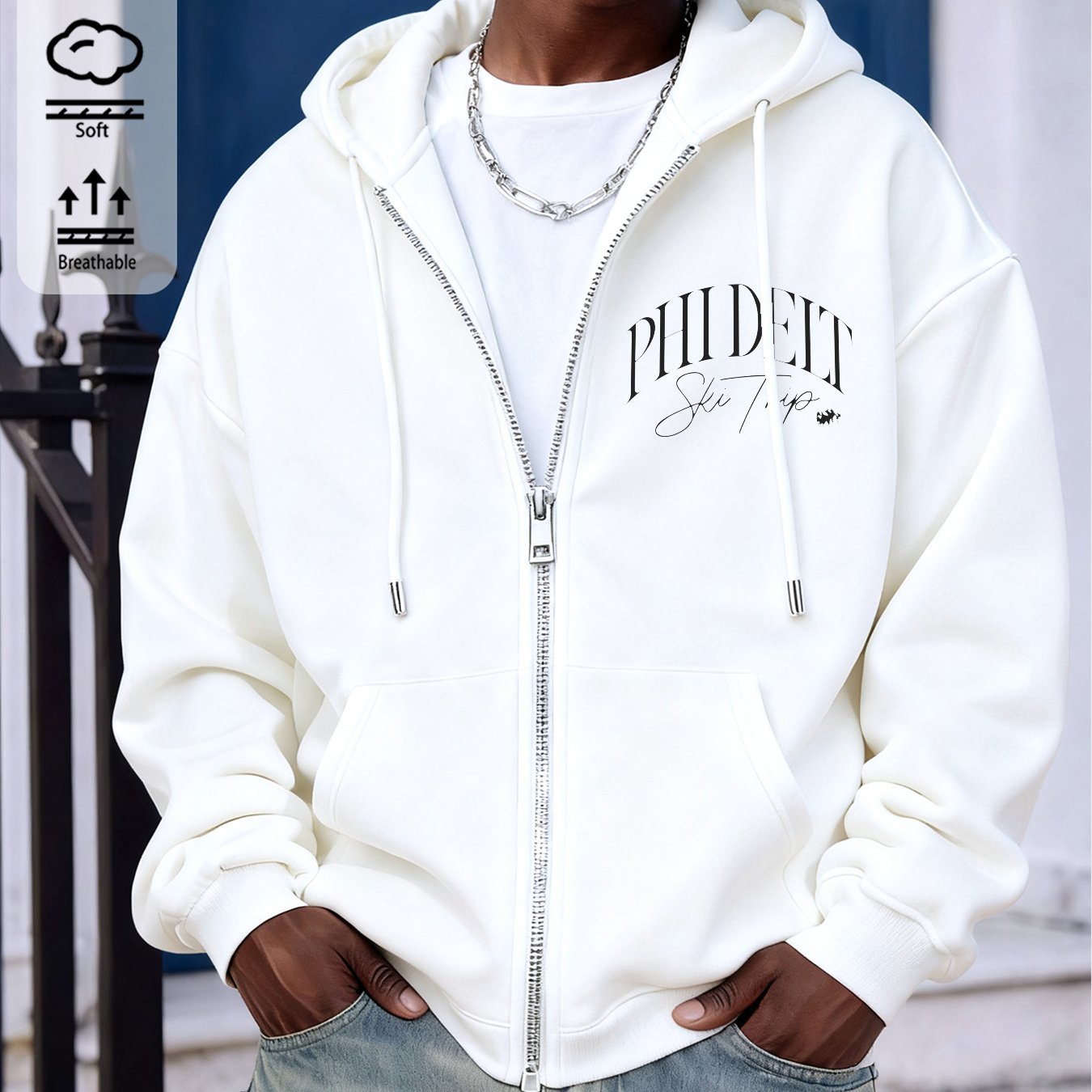 Image of Unisex Zip-up Hoodie Suitable For Spring, Fall, And Winter: Oversized, Made Of 100%, Casual Streetwear In White, Stylish And Comfortably Versatile