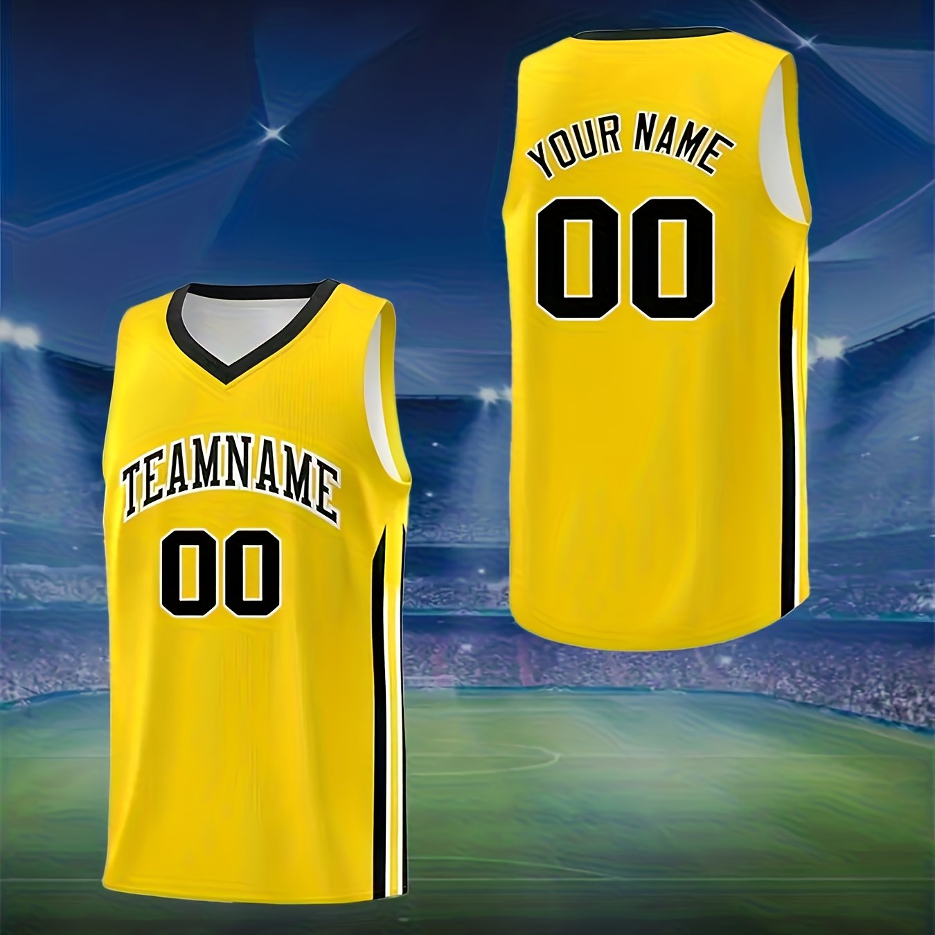 TEMU Customizable Men's Basketball Jersey - Personalized With Name And Number, With Black And White Prints, Sleeveless V-neck Design, Quick-dry And